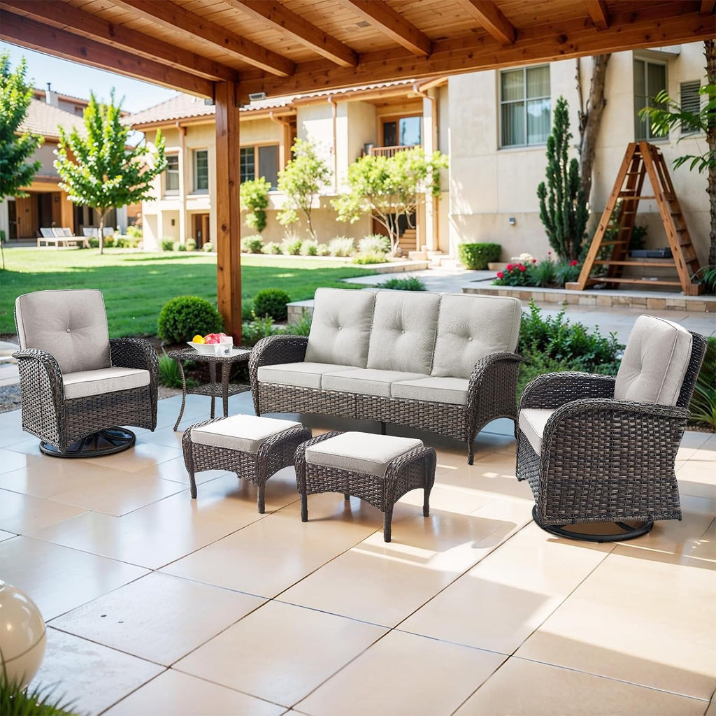Belord 6 Piece Patio Conversation Sets - Wicker Patio Furniture Sets with Outdoor Swivel Rocker Chairs Outdoor Couch Perfect for Deck Patio Backyard, Brown Wicker Beige Cushion