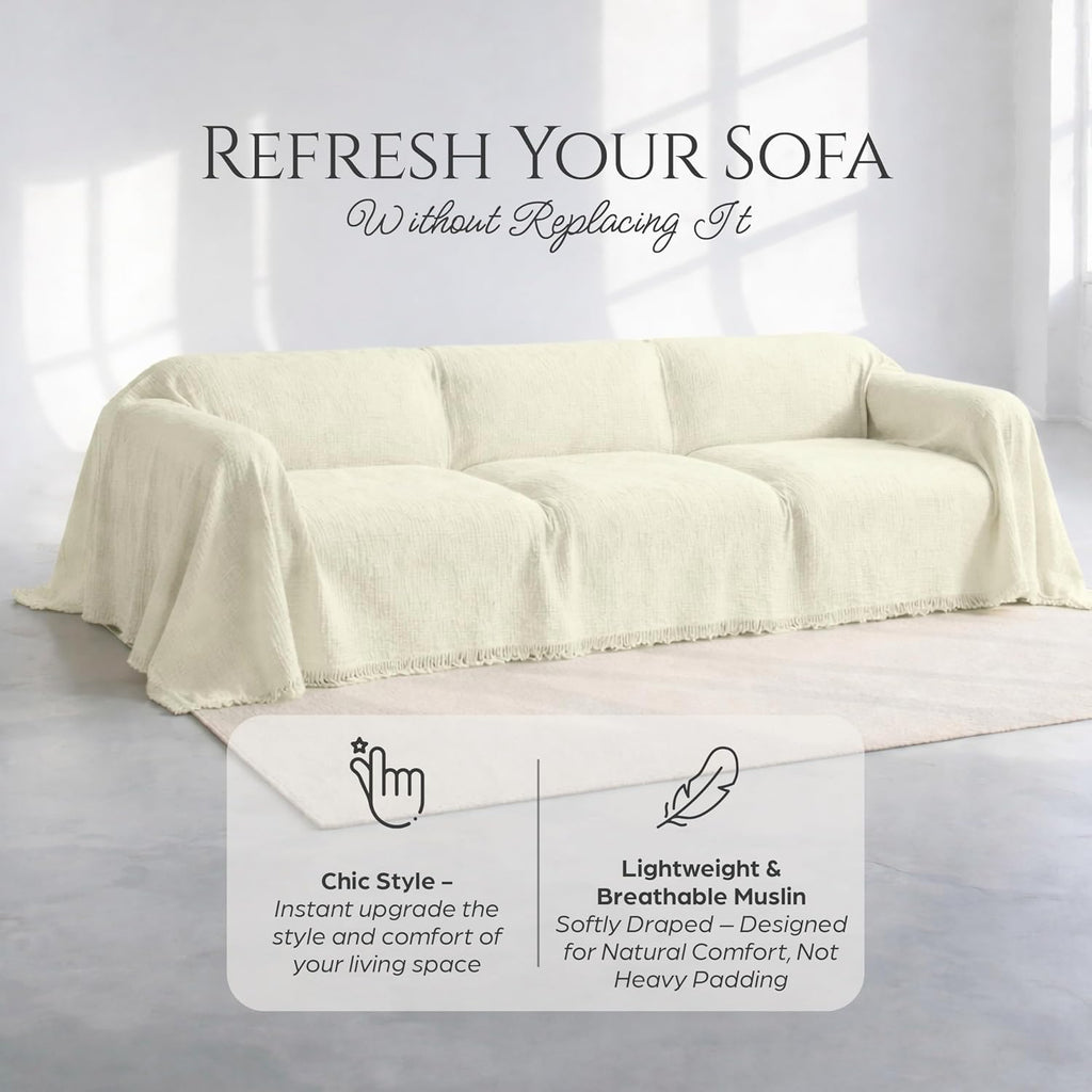 Washable Sofa Cover %100 Pure Cotton, Gauze Couch Covers for Sectional, 3 Seater, L Shape, U Shape Sofa, Large 4 Layered Natural Muslin Fabric, Cloud Like Couch Cover (Cream, 95x118' / 240x300 cm)