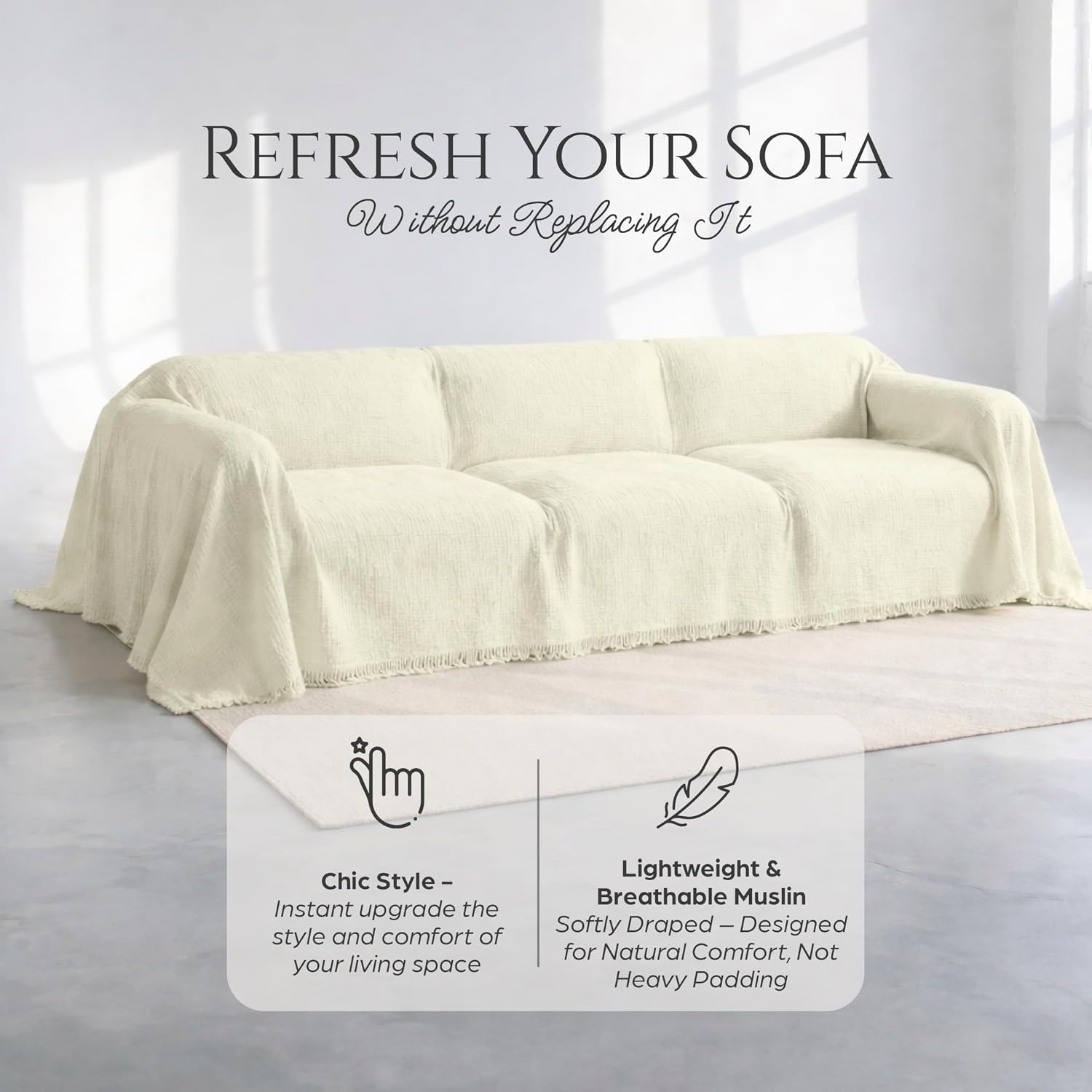 Cloud Like Sofa Cover %100 Pure Cotton, Gauze Couch Covers for Sectional, 3 Seater, 4 Seater Sofa, Extra Large 4 Layered Muslin Natural Fabric, Washable Couch Cover (Cream, 95x150' / 240x380 cm)