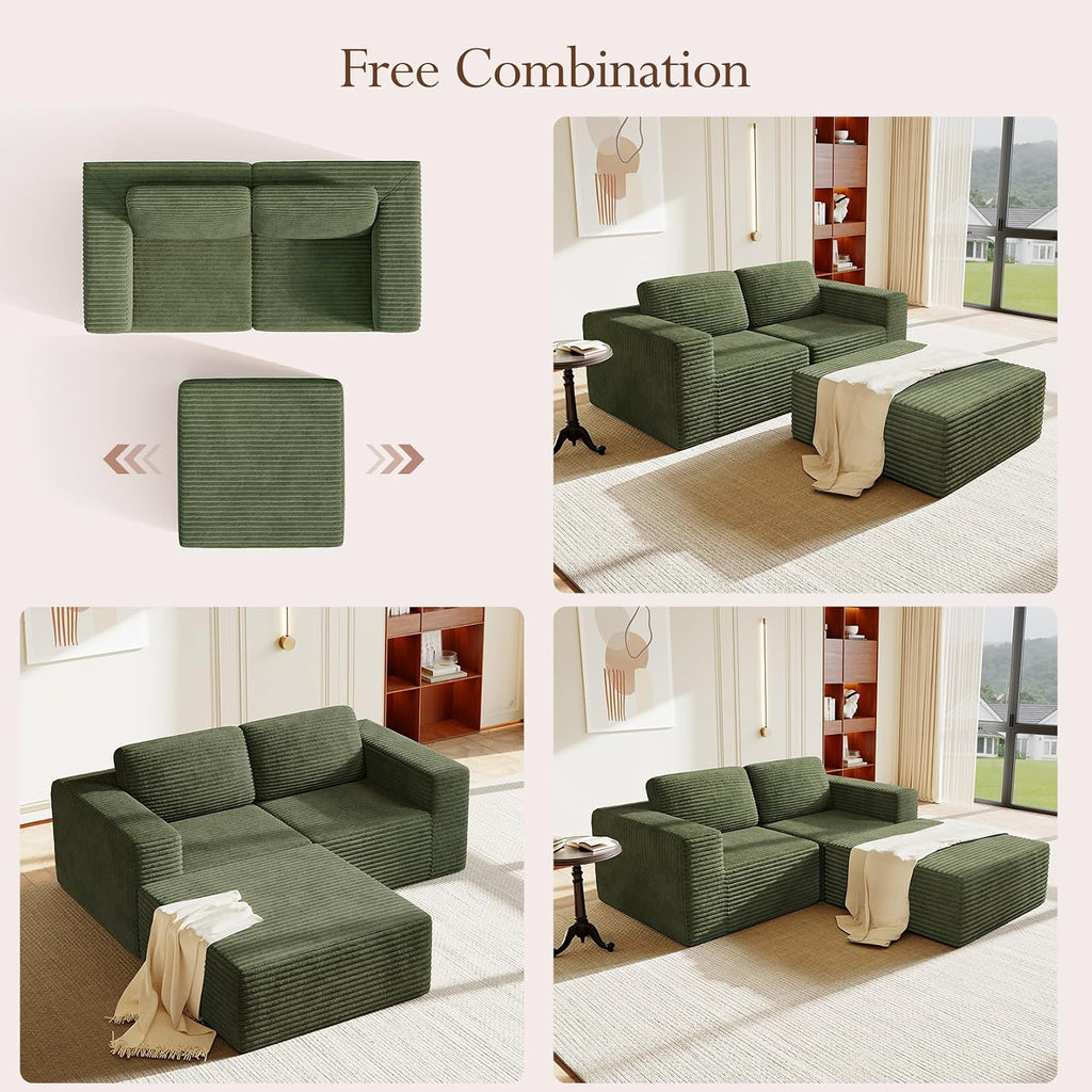 Vesgantti 80' Modular Sectional Sofa, Corduroy Cloud Couch with Deep Seats & Spring Support, Compact 2 Seater Boneless Couch, L-Shaped Modular Sofa for Small Spaces, Apartments, No Assembly, Green