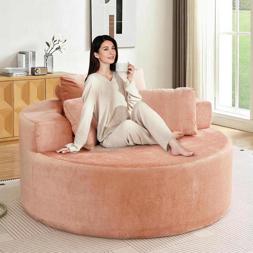 Antetek Oversized Round Chaise Longue Chair Indoor, Modern 55-inch Upholstered Terry Fabric Deep Seat Circle Single Cloud Lounge Floor Accent Chair for Living Room, Bedroom Apartment, Pink
