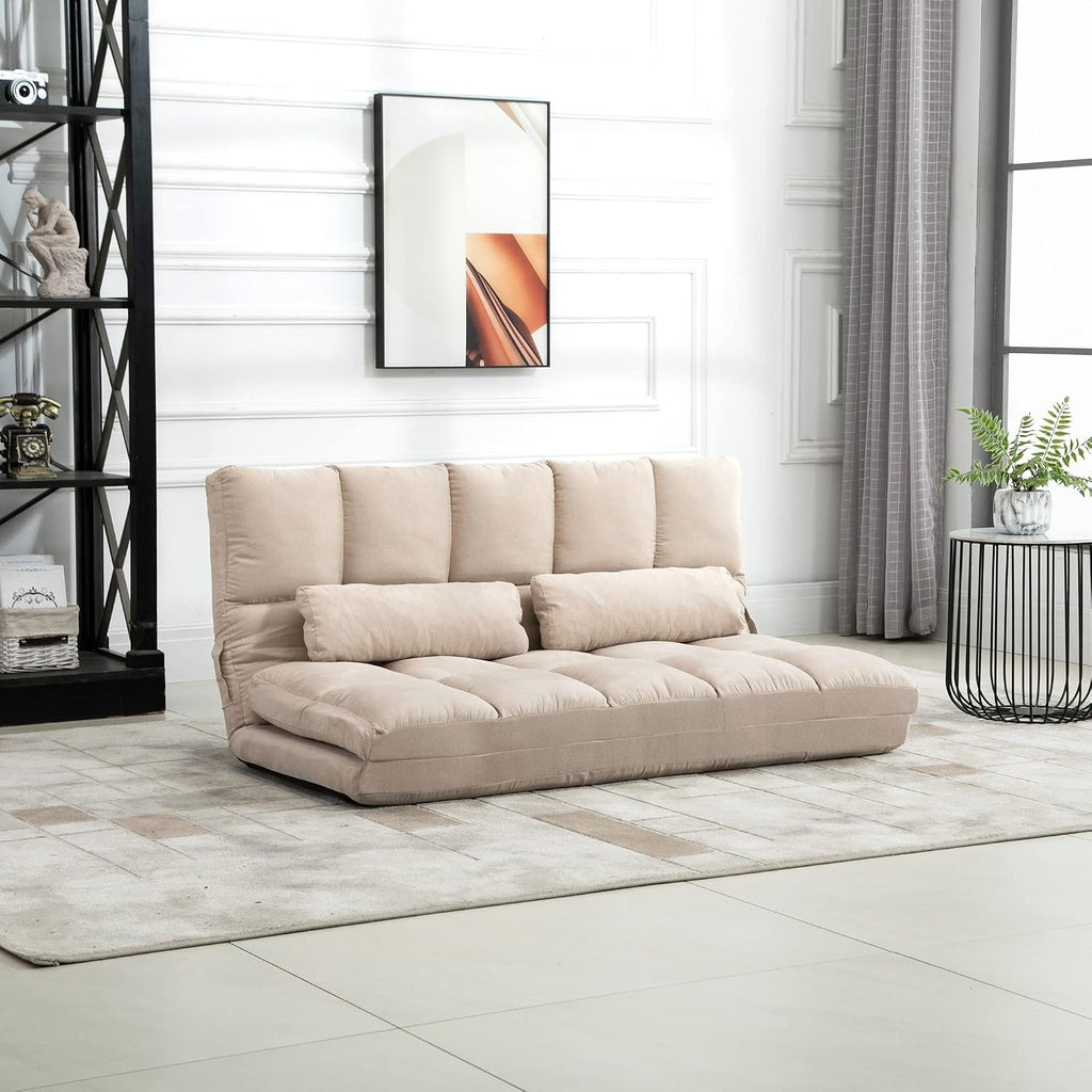 HOMCOM Convertible Floor Sofa Chair, Folding Couch Bed, Guest Chaise Lounge with 2 Pillows, Adjustable Backrest and Headrest, 51.25' L, Beige
