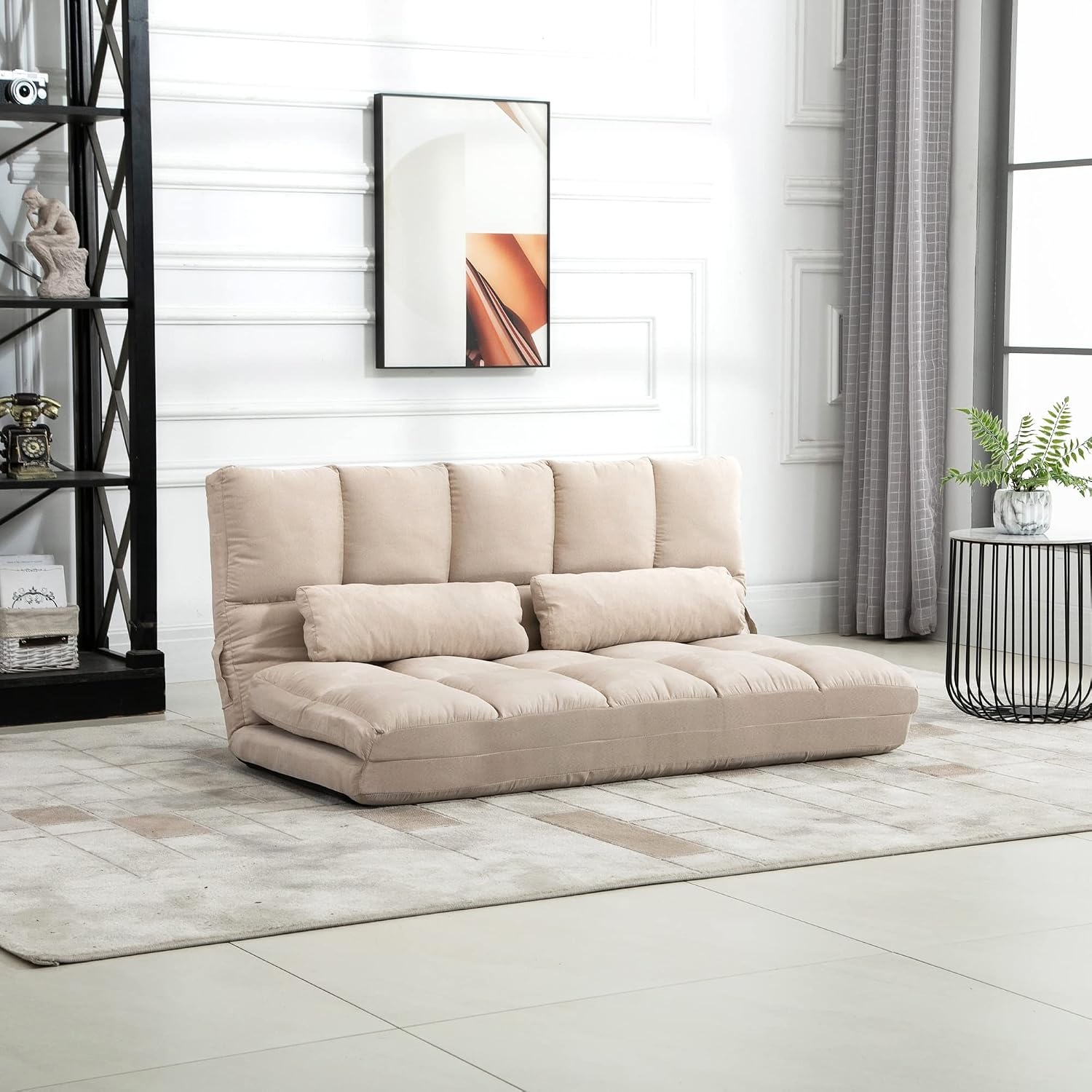 HOMCOM Convertible Floor Sofa Chair, Folding Couch Bed, Guest Chaise Lounge with 2 Pillows, Adjustable Backrest and Headrest, 51.25' L, Beige