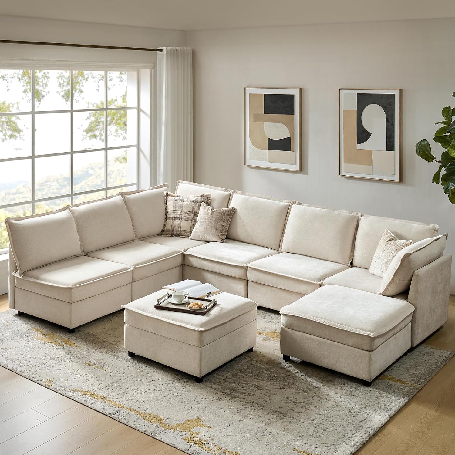 HULALA HOME Modular Sectional Sofa, Oversized 8 Seat U Shaped Couch with Storage Ottoman, Comfy Chenille Sofa with Deep Seat, Convertible Sectional Couches for Living Room, Beige