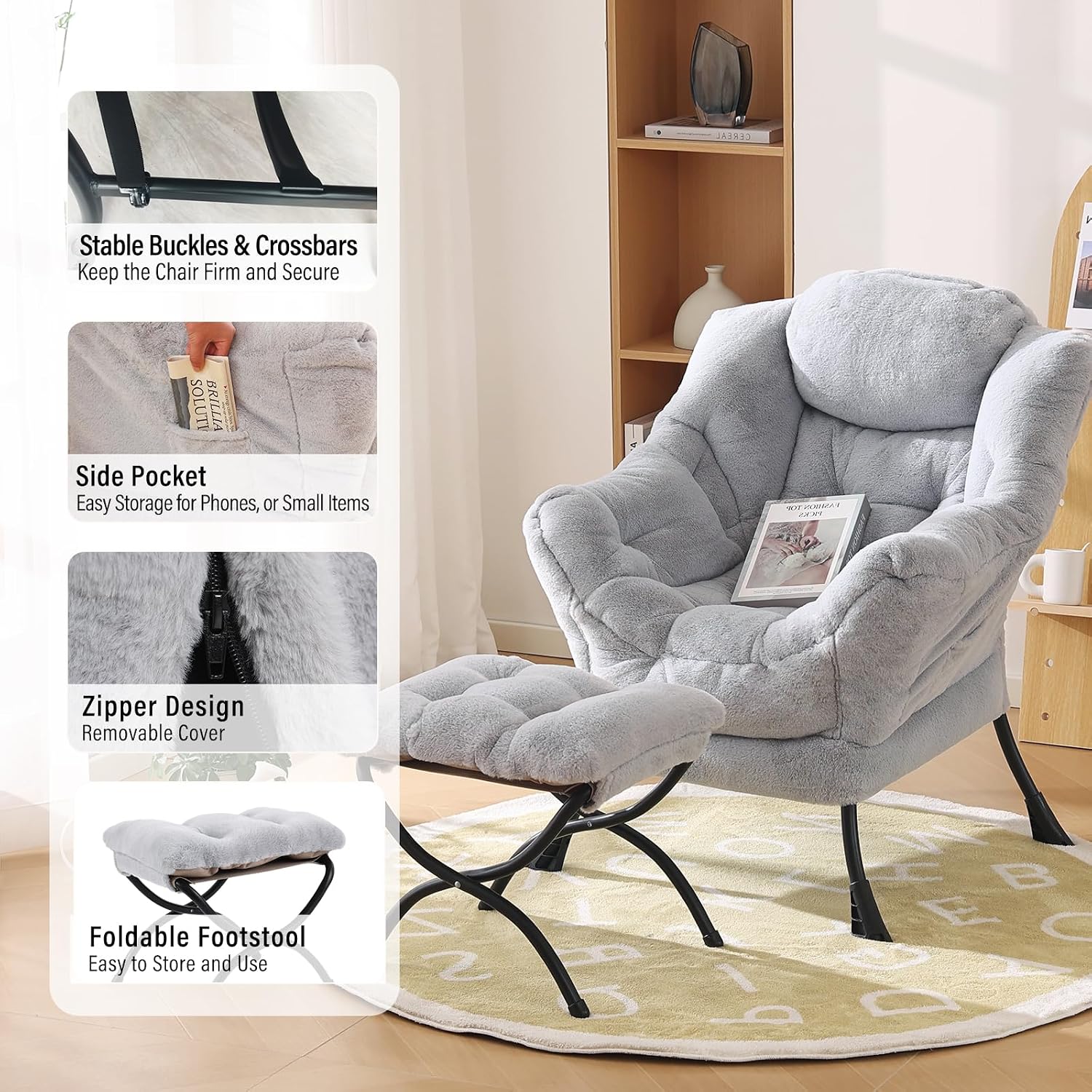 Furlide Lazy Chair with Ottoman, Modern Accent Chair with Armrests and a Side Pocket, Plush Grey Accent Chairs, Reading Chairs, Oversized Armchairs for Bedroom, Study, Living Room, Courtyard