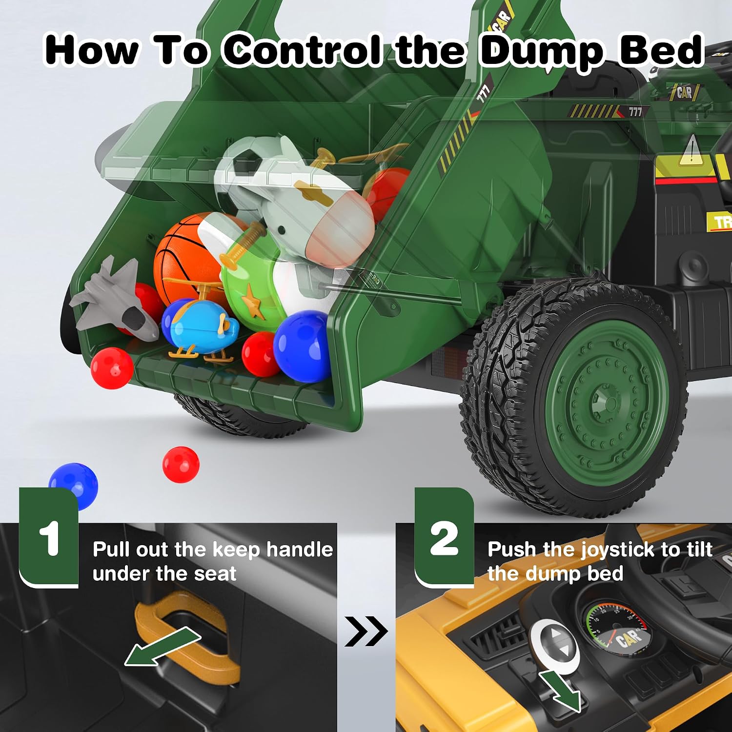 ANPABO 24V Ride On Dump Truck, 2X75W Powerful Motors, Up to 4.4Mph, EVA Tires, Construction Vehicle w/Electric Dump Bed and Extra Shovel, 19' Spacious 2 Seater, Kids Car w/Parent Remote -DarkGreen