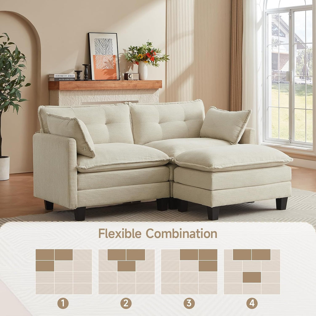 Amsleekey Modular Sectional Sofa, 76.5' L-Shaped Corduroy Comfy Sectional Couches for Living Room, 2-Seater Cloud Couches with 1 Movable Ottoman, Flexible Combination Modern Deep Seat Sofa (Beige)