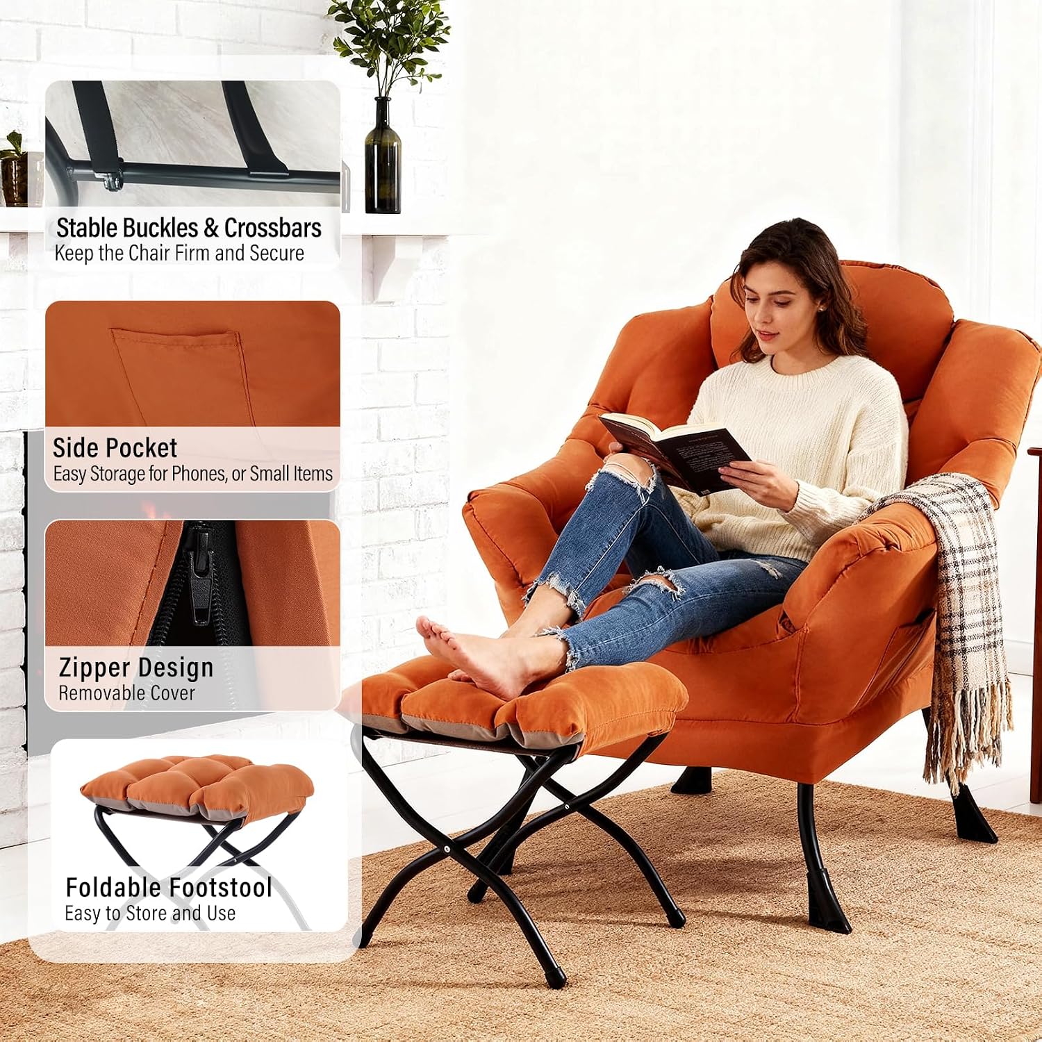 Furlide Lazy Chair with Ottoman, Modern Accent Chair with Armrests and a Side Pocket, Orange Accent Chairs, Reading Chairs, Oversized Armchairs for Bedroom, Study, Living Room, Courtyard