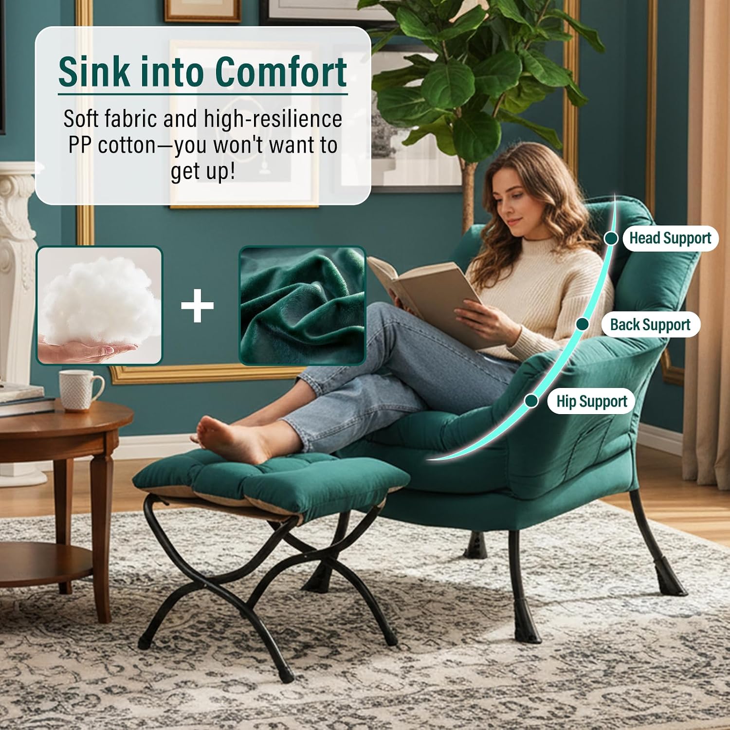 Furlide Lazy Chair with Ottoman, Modern Accent Chairs with Folding Footrest, Velvet Dark Green Sofa Chair Set, Reading Chairs, Oversized Armchairs for Bedroom, Study, Living Room, Courtyard