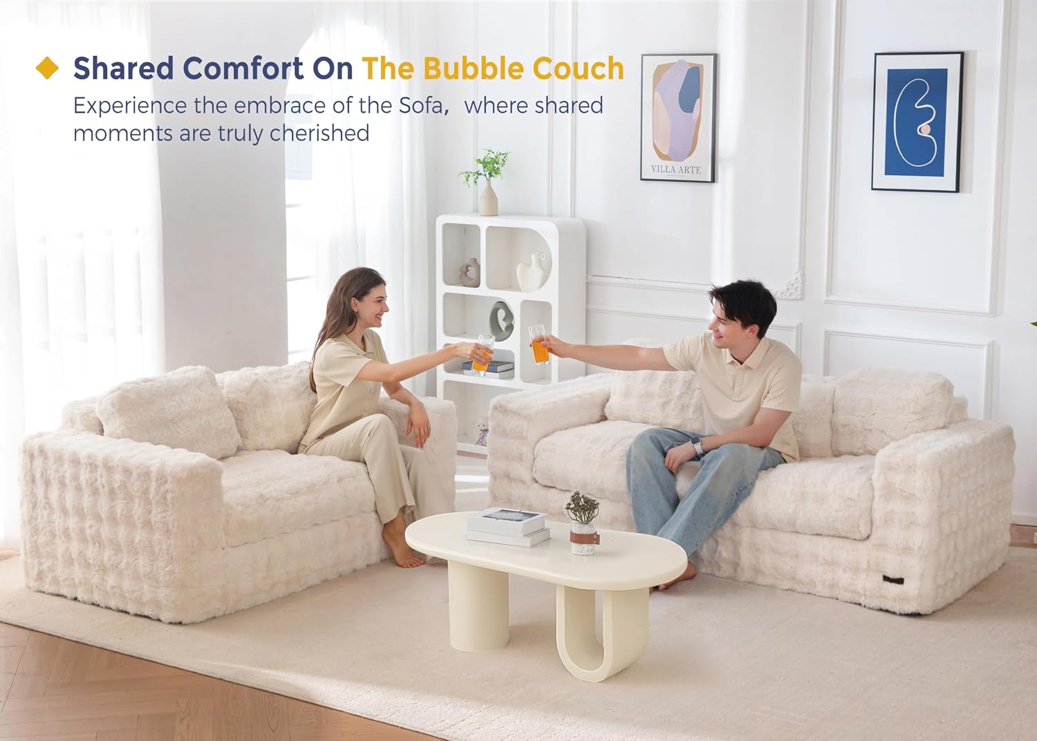 MAXYOYO 3 Seater Sofa for Living Room, Tufted Boneless Couch Bubbled Sofa Couch, Comfy Bean Bag Chair for Bedroom Apartment, No Assembly Needed, Beige