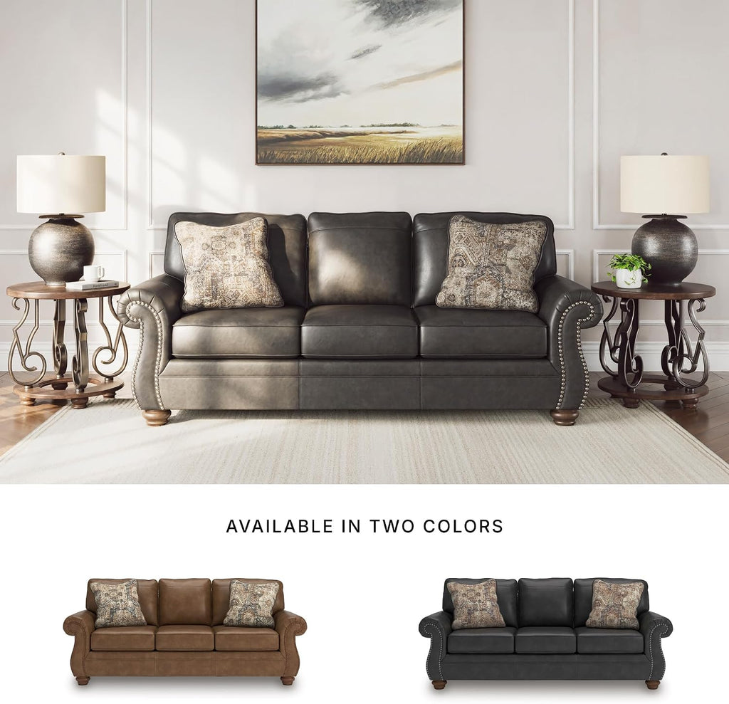 Signature Design by Ashley Chatterton Rustic Faux Leather Queen Sofa Sleeper with Bi-Fold Memory Foam Mattress, Nailhead Trim and 2 Throw Pillows, Queen, Black