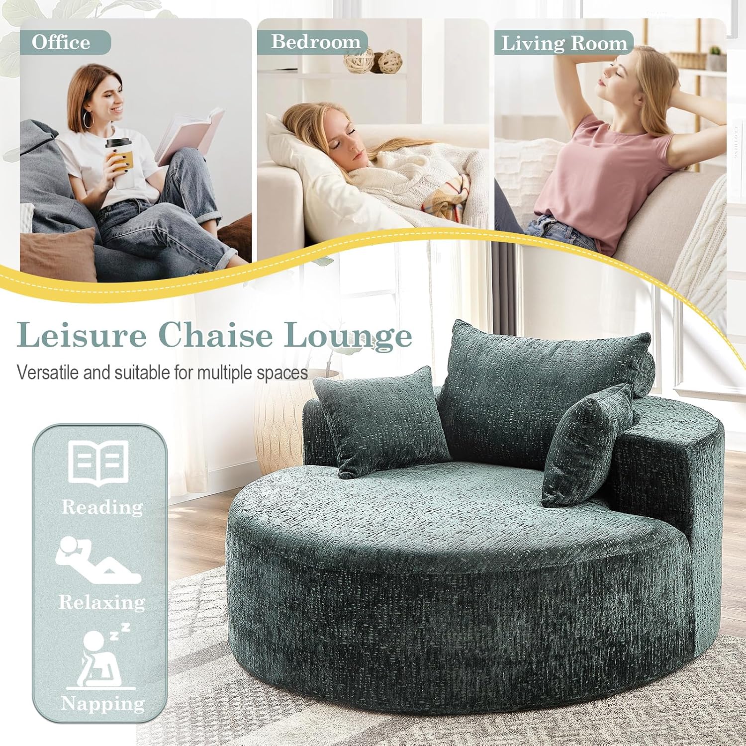 Oversized Round Chaise Longue Chair Indoor, Modern 55-inch Upholstered Chenille Deep Seat Circle Single Cloud Lounge Floor Sofa Chair for Living Room, Bedroom Apartment, Green