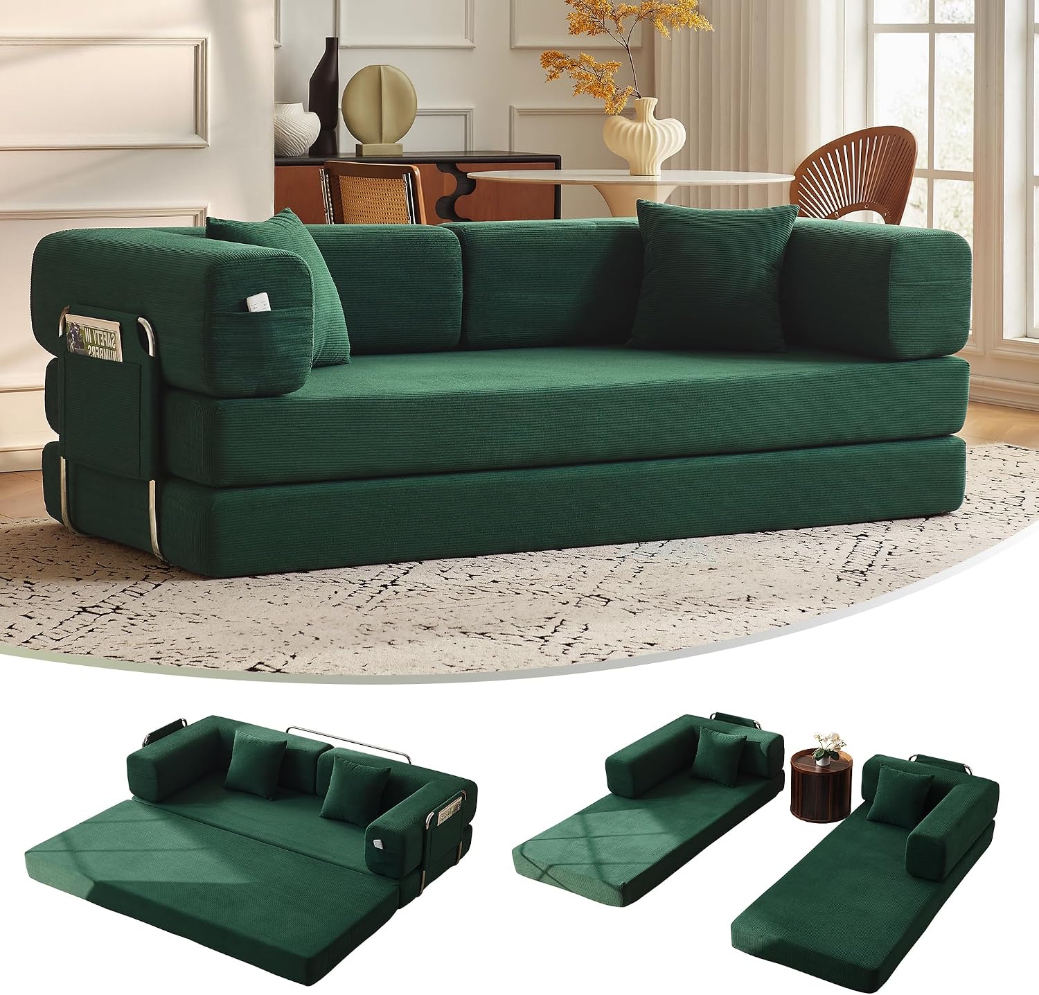 Carzzi-Life 79' Convertible Sofa Bed with Pillows, Corduroy Folding Sleeper Sofa with Fixed-Shape Frame, Boneless Couch for Living Room Bedroom, Floor Sofa Lounge No Assembly Required (Green)