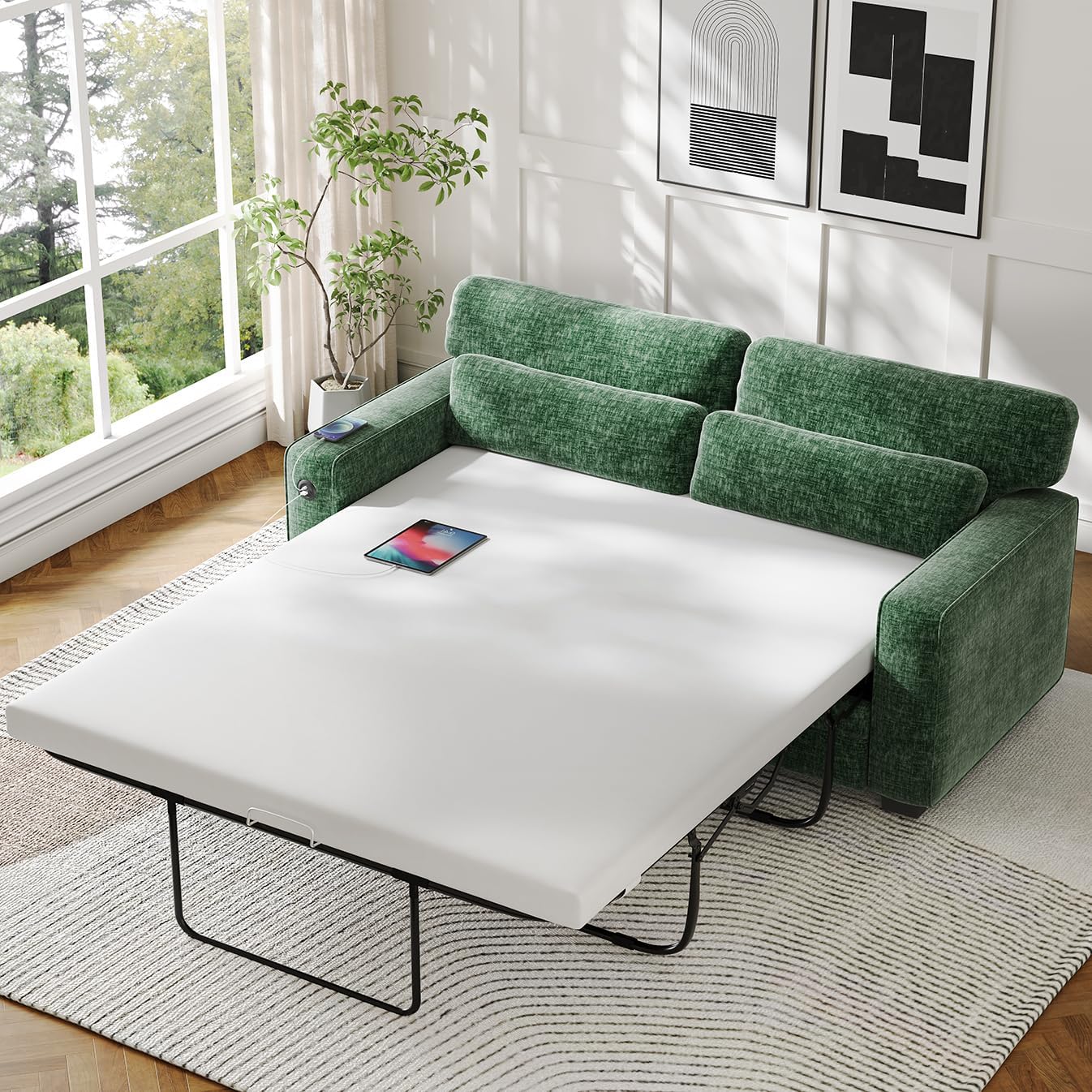 Marsail Pull Out Sofa Bed, Queen Size Sleeper Sofa with Memory Foam Mattress, 2-in-1 Convertible Chenille Couch Bed with 2 USB Charging and Removable Covers, Loveseat for Living Room, Apartment, Green
