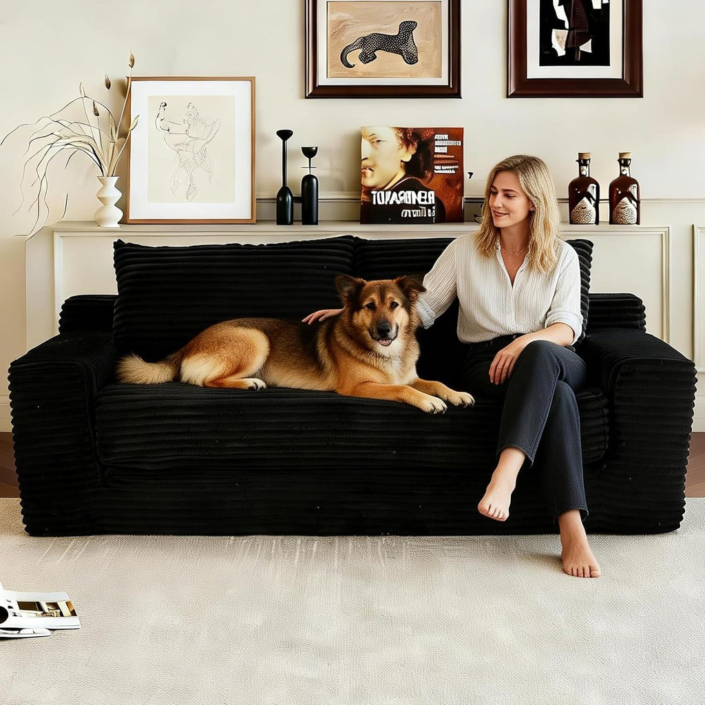 GNIXUU 71' Corduroy Cloud Loveseat Sofa, 2 in 1 Convertible Black Boneless Sleeper Sofa with Fixed-Shape Frame, Comfy Folding Love Seat Couches for Living Room, Apartment, Small Spaces