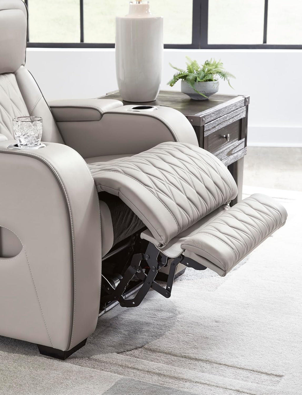 Signature Design by Ashley Boyington Contemporary Leather Match Power Reclining Sofa with USB Charging Ports, LED Lights and Adjustable Headrest, Light Gray