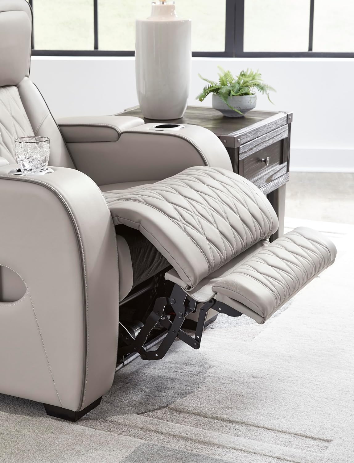 Signature Design by Ashley Boyington Contemporary Leather Match Power Reclining Loveseat with Console and USB Charging Ports, LED Lights and Adjustable Headrest, Light Gray