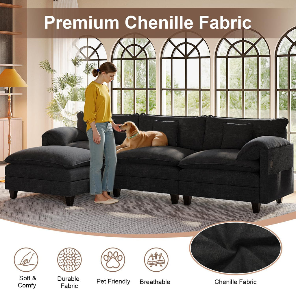 KCGKCG Modular Sectional Sofa, 108' Comfy Cloud Couch with Movable Ottoman | Charging Station | Side Pocket | Throw Pillow, Modern L-Shaped Couches for Living Room, Chenille, Charcoal Black