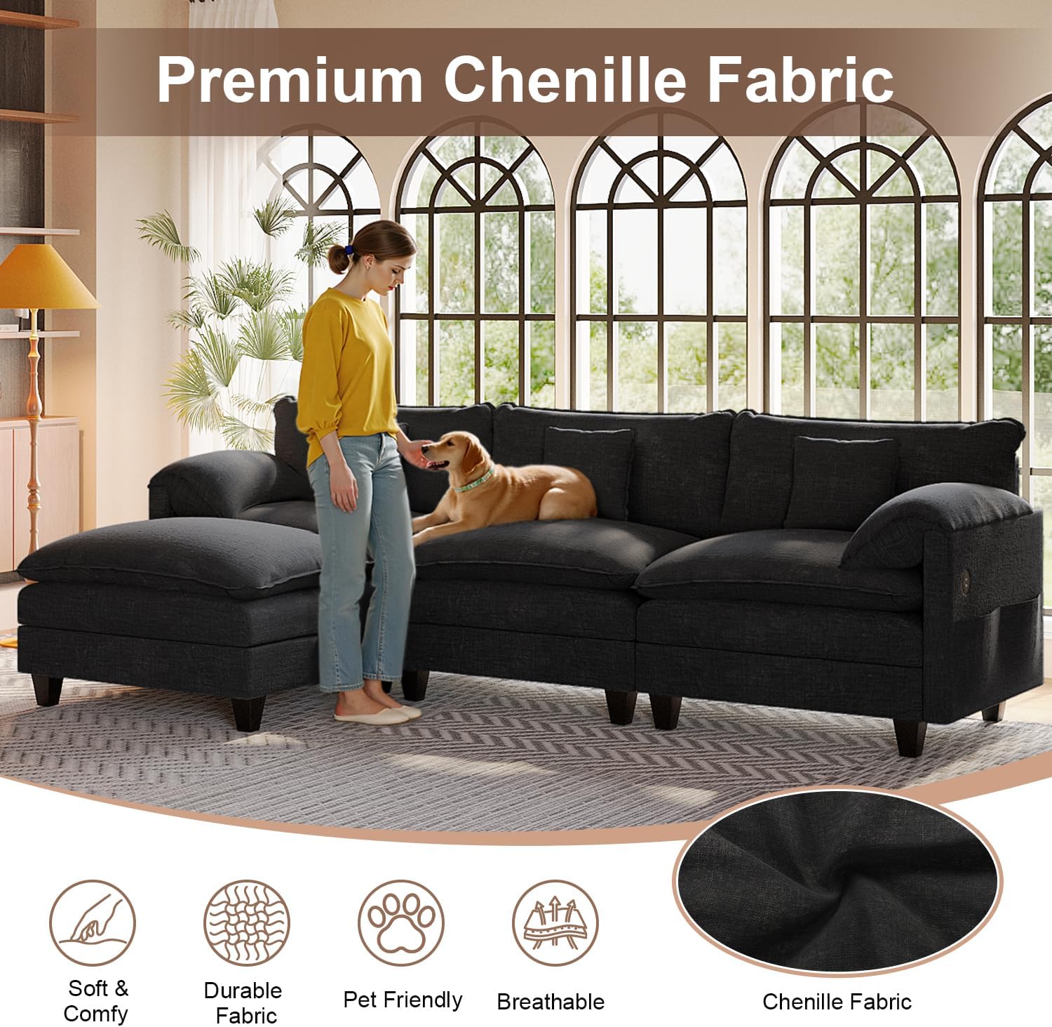KCGKCG Modular Sectional Sofa, 108' Comfy Cloud Couch with Movable Ottoman | Charging Station | Side Pocket | Throw Pillow, Modern L-Shaped Couches for Living Room, Chenille, Charcoal Black