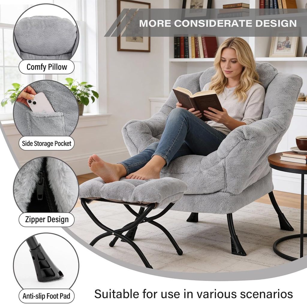 MBOOYOME Lazy Chair with Folding Ottoman, Modern Accent Armchair with Armrests and a Side Pocket & Foldable Footstool, Reading Chair for Living Room, Bedroom, Dorm & Office, Plush Grey