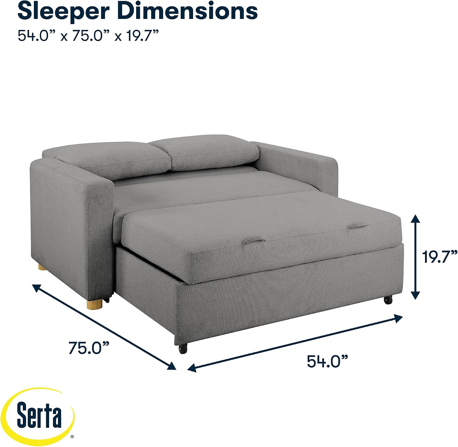 Serta Tulsa 66.1' Convertible Sleeper Loveseat, Full Size, Dreamcoil Comfort, FingerGuard Pinch Point Protection, Boucle Fabric, Grey