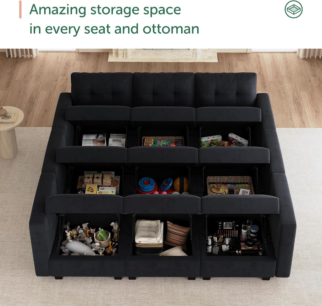 HONBAY Sectional Couch with Storage, Modular Sectional Sofa, Velvet Couches for Living Room, Black