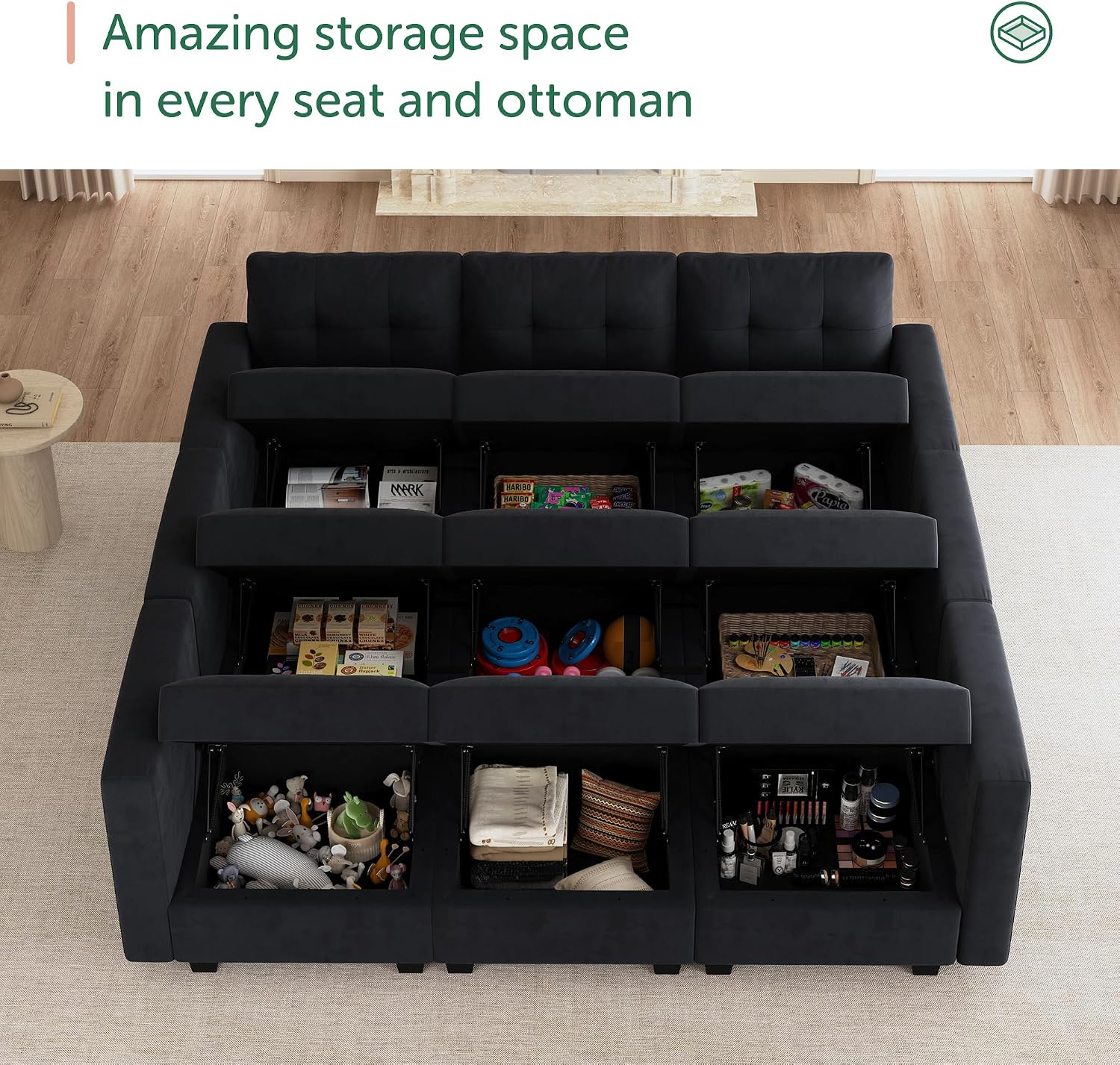 HONBAY Sectional Couch with Storage, Modular Sectional Sofa, Velvet Couches for Living Room, Black