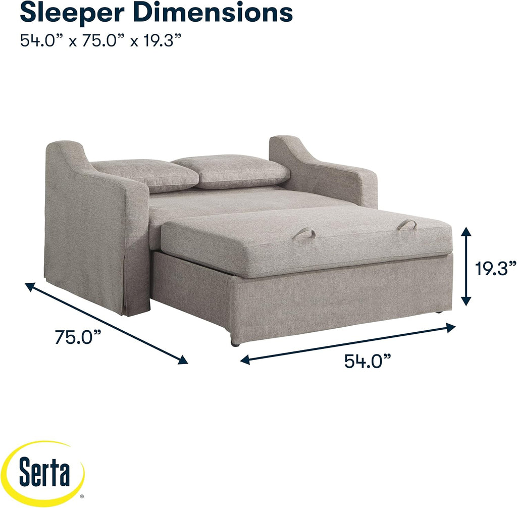 Serta Hawthorne 66.1' Slipcovered Convertible Sleeper Loveseat, Full Size, Dreamcoil Comfort, FingerGuard Pinch Point Protection, Polyester Tweed Fabric, Flax