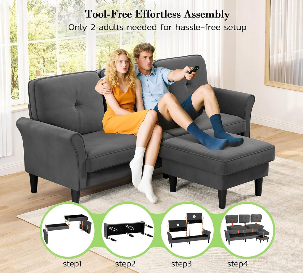 Kidirect 83' Sectional Couch, Velvet L-Shaped Couch 3 Seater Sectional Couches for Living Room, Comfy Fluffy Deep Seat Loveseat, Modular Sectional Sofa with Ottoman for Apartment Office, Grey Couch