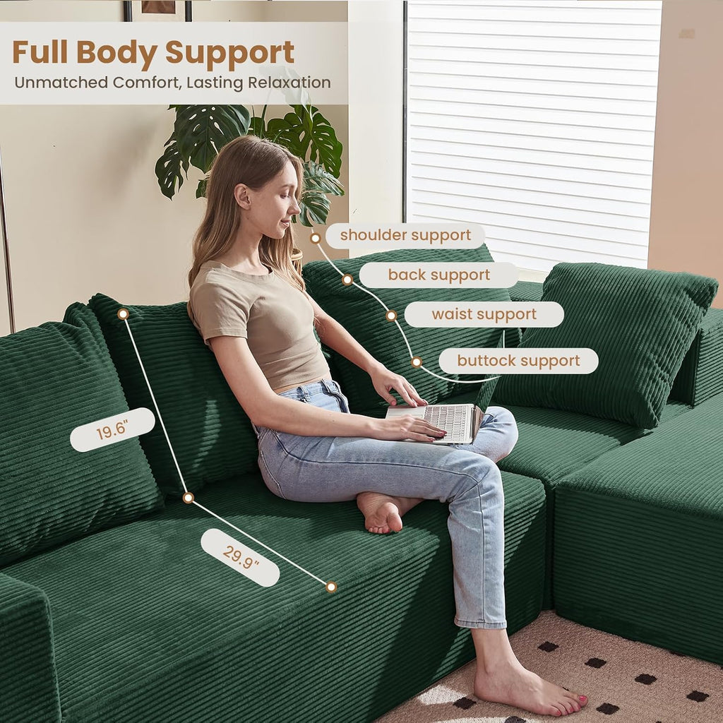 108' L-Shaped Boneless Couch, Modular Sectional Sofa with Moveable Ottoman, Corduroy Cloud Couches for Living Room, No Assembly, Ship in a Box, Green