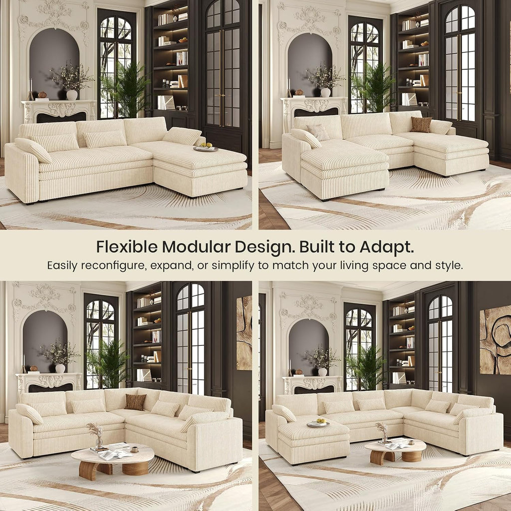 Belffin Large Modular Sectional Sofa with Double Deep Chaise, 135' Corduroy U Shaped Sectional Couch with 9' Soft Dual-Layer 6 Seats U Shaped Couch for Living Room, Apartment, Beige