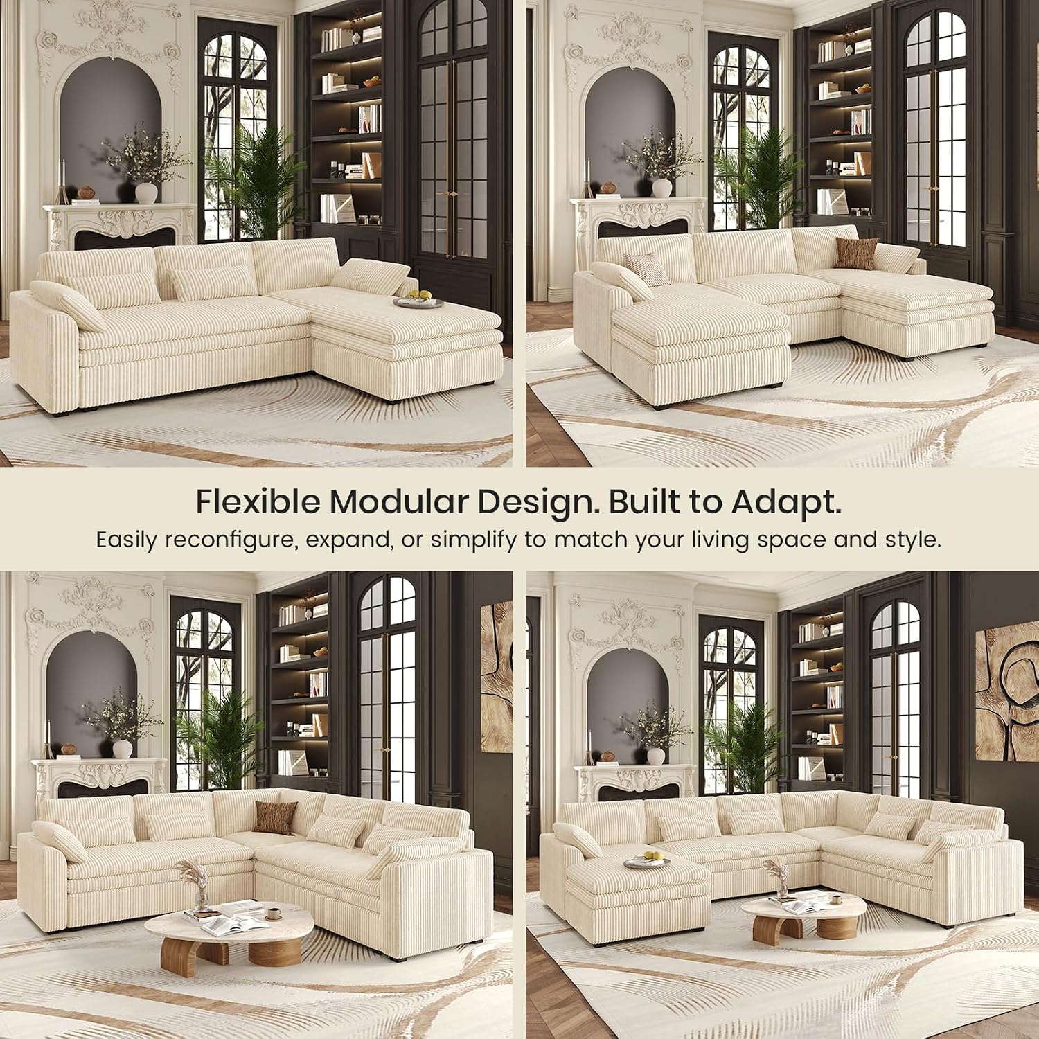 Belffin Large Modular Sectional Sofa with Double Deep Chaise, 135' Corduroy U Shaped Sectional Couch with 9' Soft Dual-Layer 6 Seats U Shaped Couch for Living Room, Apartment, Beige