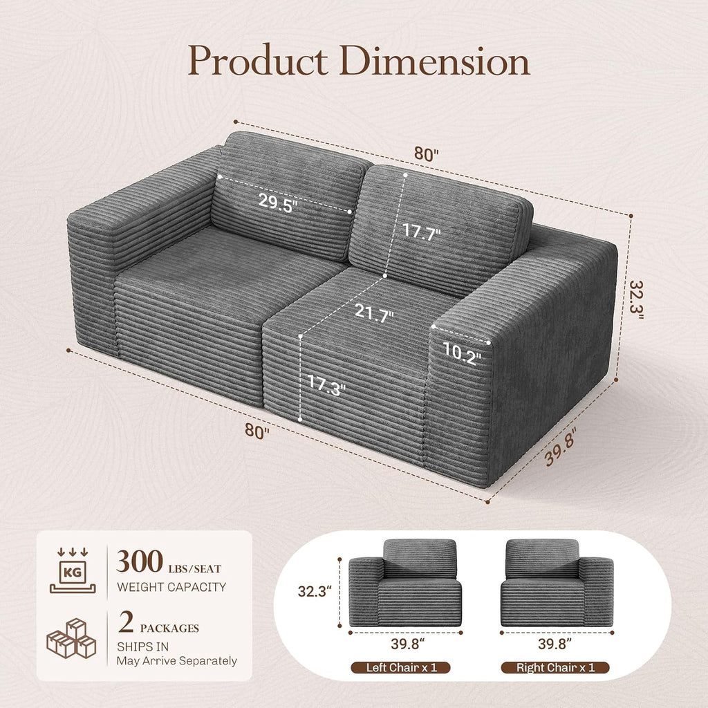 Vesgantti 80' Modular Sectional Sofa, Corduroy Cloud Couch with Deep Seating & Spring Support, 2 Seater Compact Modular Couch, Boneless Sectional Sofa for Small Spaces, No Assembly Required, Grey