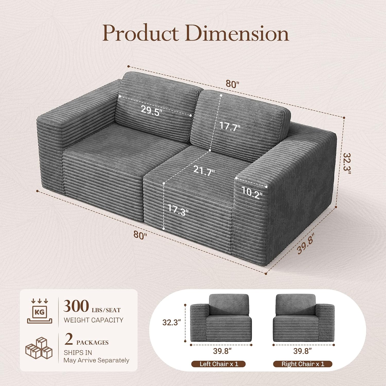 Vesgantti 80' Modular Sectional Sofa, Corduroy Cloud Couch with Deep Seating & Spring Support, 2 Seater Compact Modular Couch, Boneless Sectional Sofa for Small Spaces, No Assembly Required, Grey