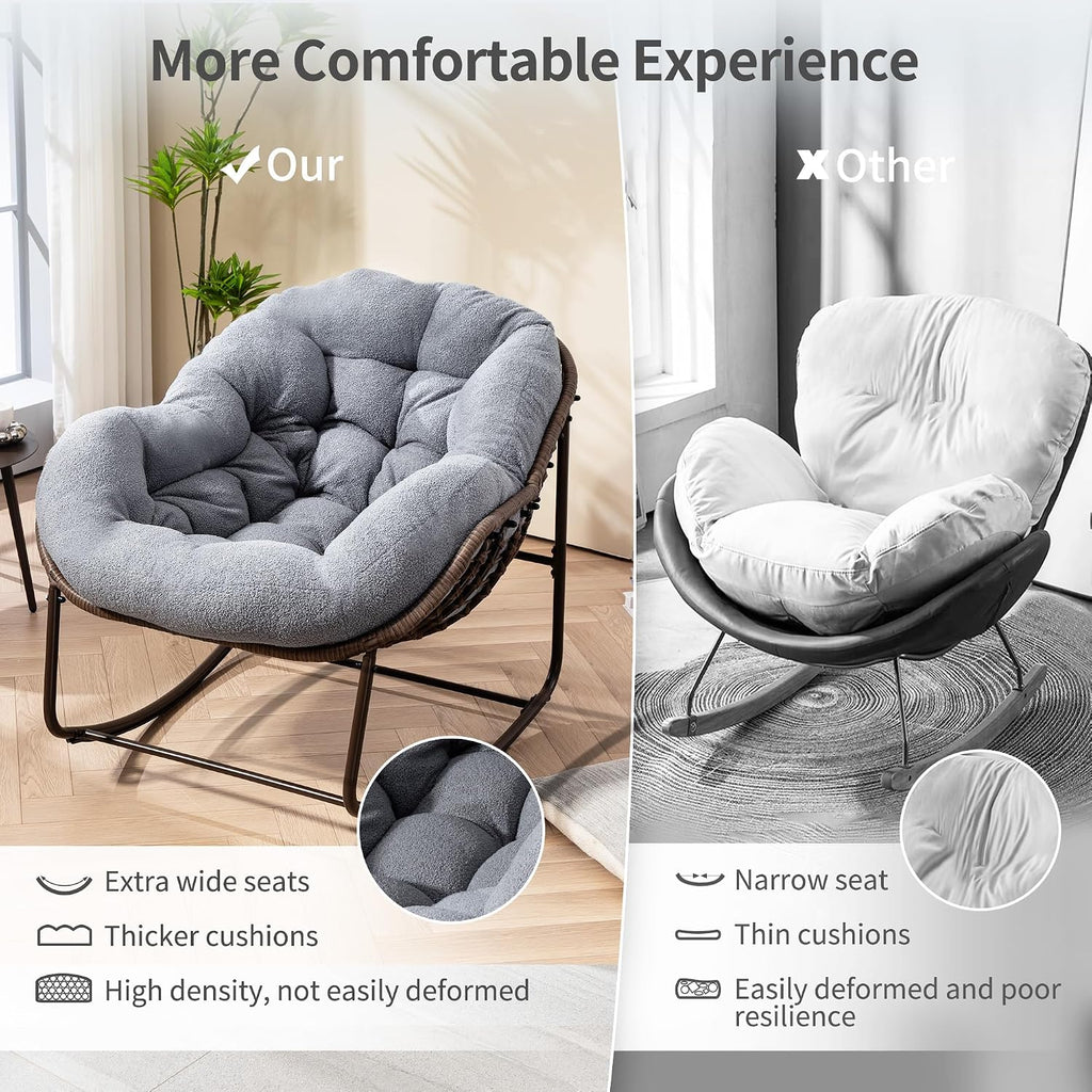 HOMEFUN Nursery Rocking Chairs Oversized Papasan Chair Indoor with Padded Cushion Upholstered Glider for Reading Living Rooms BedroomsOffices, Teddy Grey