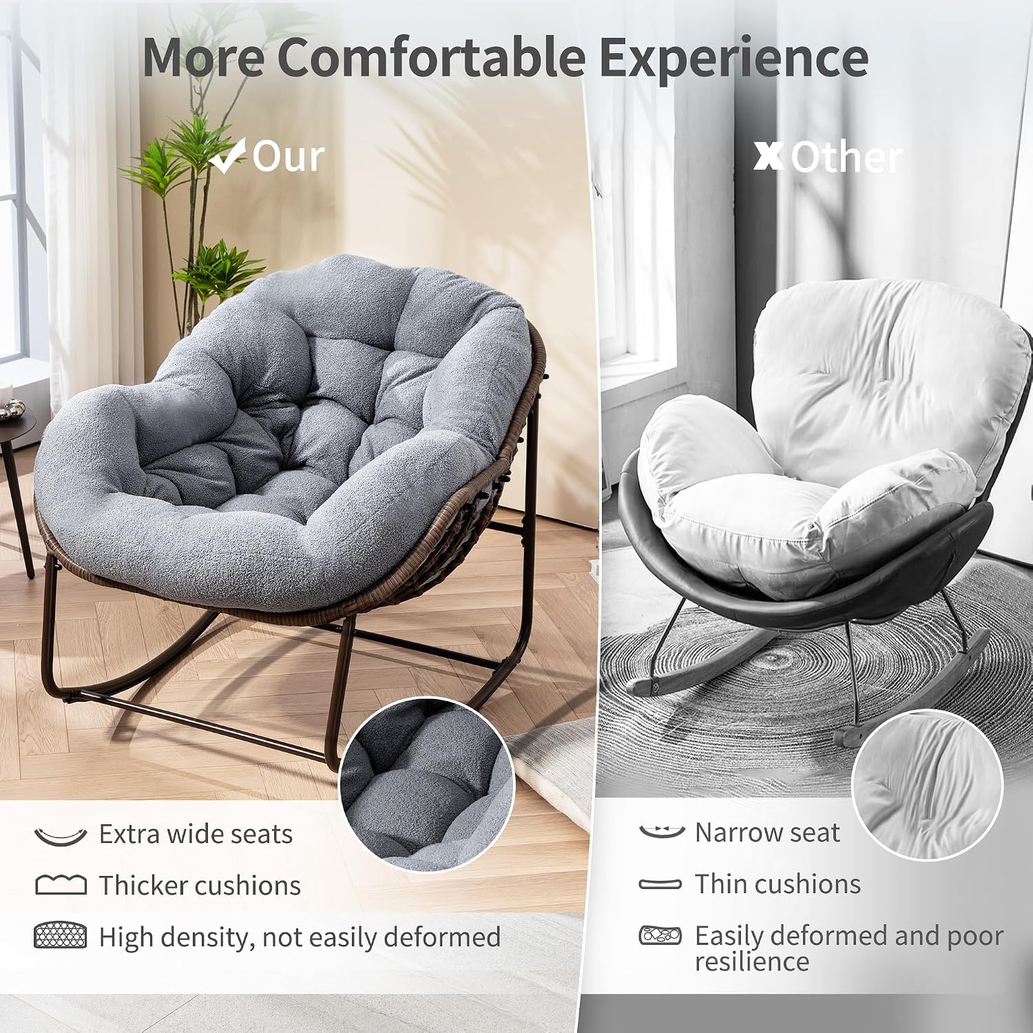 HOMEFUN Nursery Rocking Chairs Oversized Papasan Chair Indoor with Padded Cushion Upholstered Glider for Reading Living Rooms BedroomsOffices, Teddy Grey