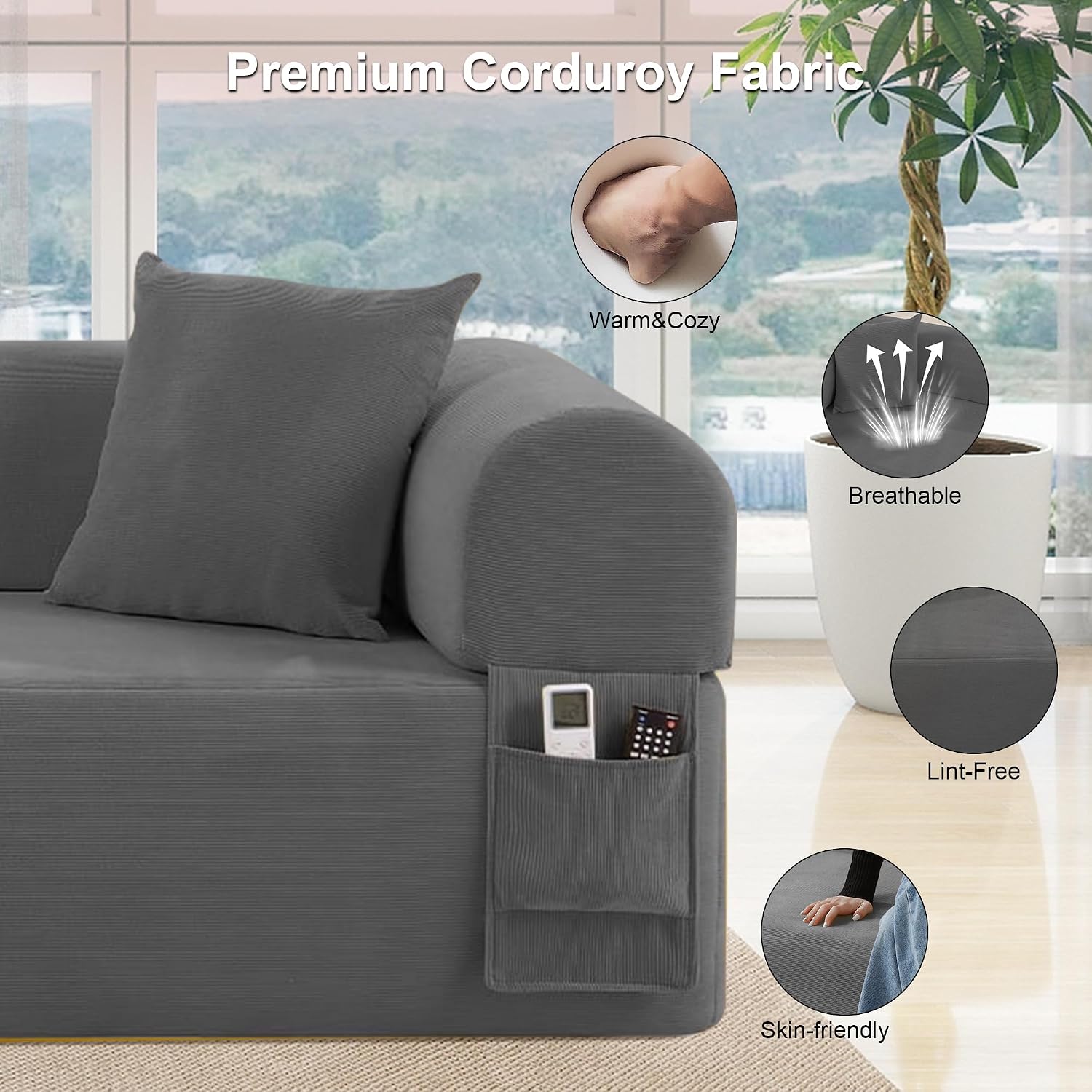 83'' Boneless Sofa in A Box, 3-Seater Floor Sofa No Assembly Corduroy Couch for Living Room, Cloud Couch with 2 Pillows & Storage Bag, Memory Foam Small Floor Couches for Office, Dark Gray