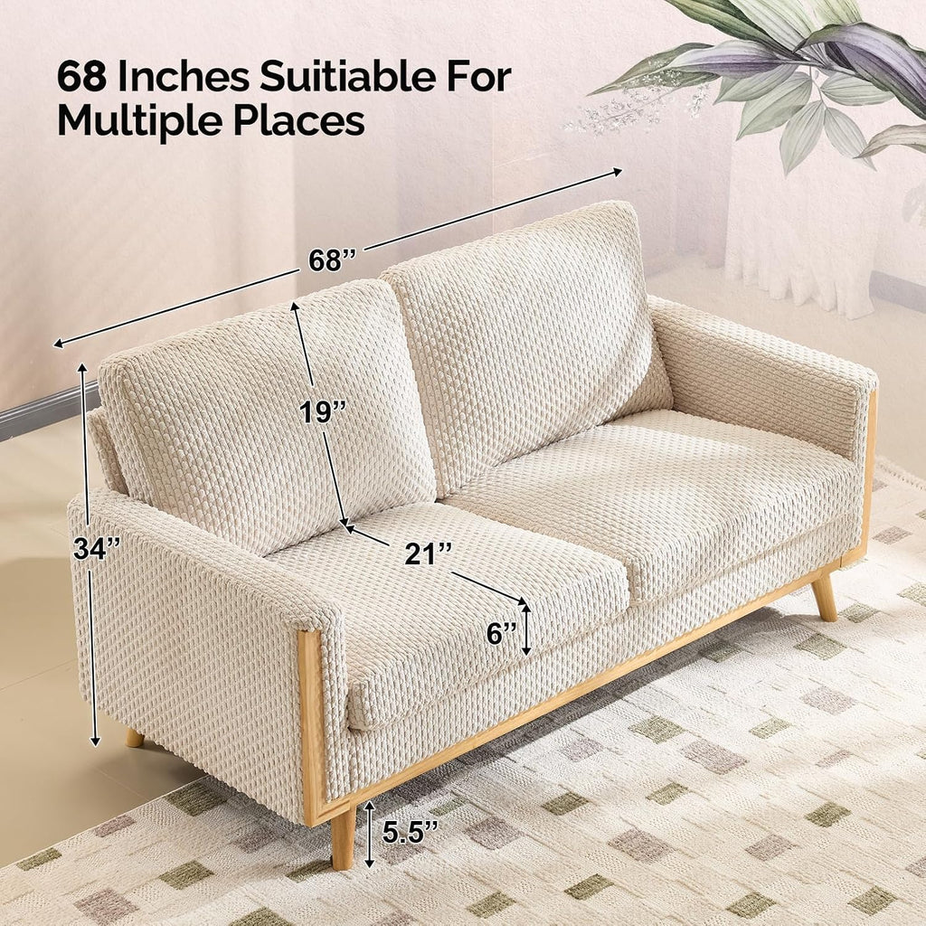 VINGLI 68' W Comfortable Mid Century Loveseat, Two Seater Sofa with Spring Support & Solid Wood Frame, Corduroy Fabric Small Couch for Living Room, Small Space, Bedroom, White