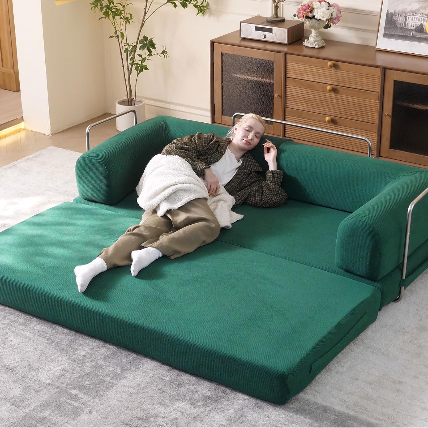 WHGBJA 79' Convertible Sleeper Sofa Bed with Cylindrical Pillow, Corduroy Folding Mattress Couch with Fixed-Shape Frame, Floor Sofa Lounge Couch for Living Room Bedroom Lounge Studio (Green)