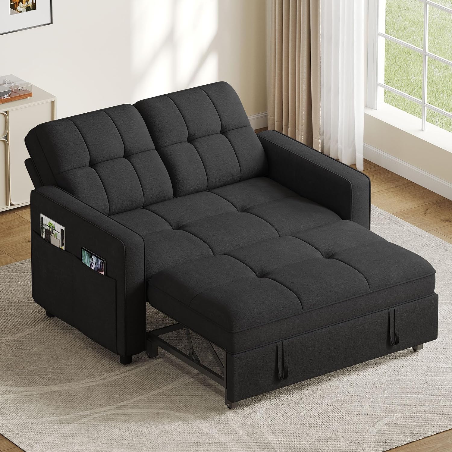 DWVO 3 in 1 Convertible Sleeper Sofa Bed, 55' Pull Out Sofa Bed with Adjustable Backrest and USB, Velvet Futon Couch with Side Pockets for Living Room, Black