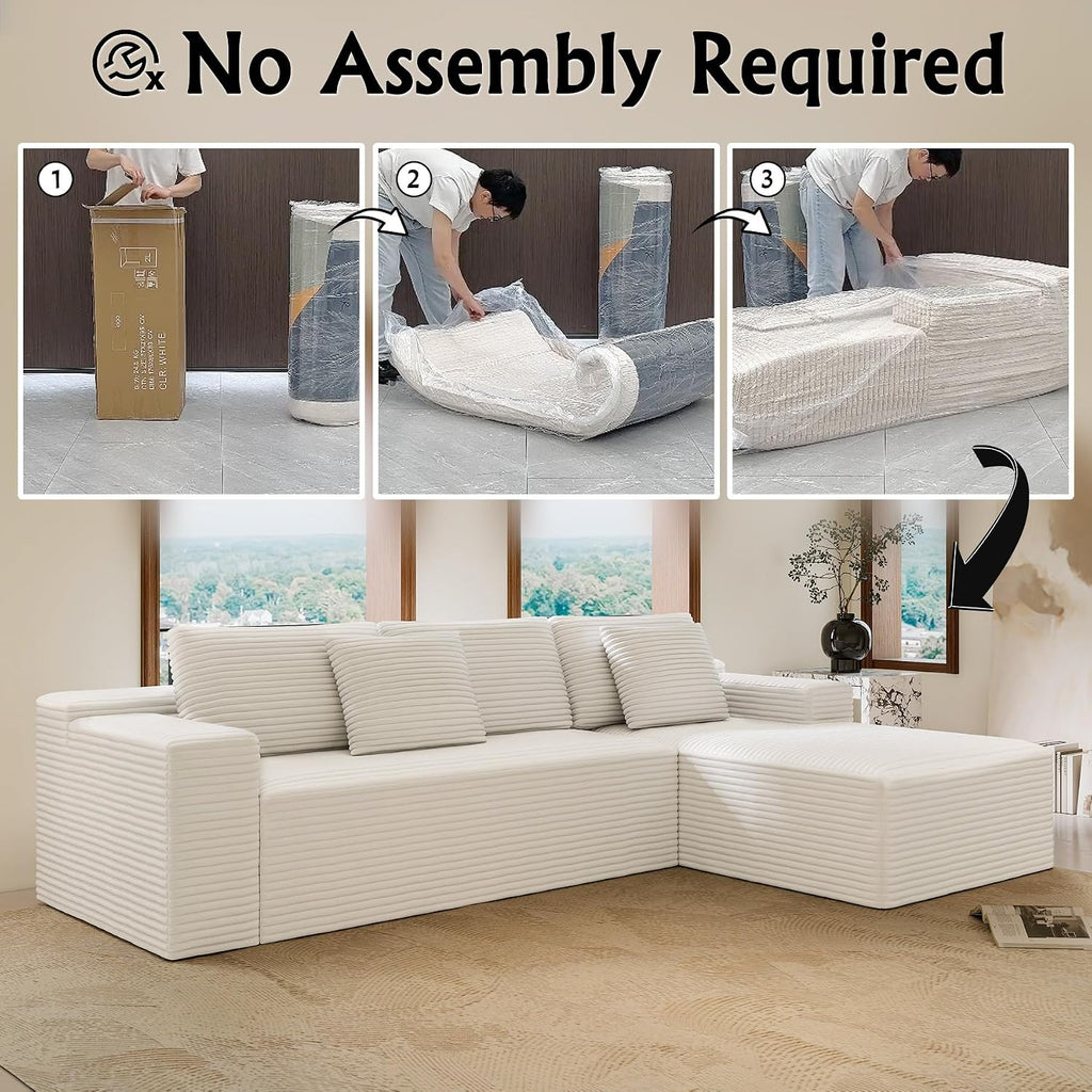 Sectional Couches for Living Room Corduroy Couch, 104' Cloud Boneless Couch with L-Shape Chaise, Modern Modular Sofa, Deep Seat Comfort, No Assembly Required(Plush Corduroy, Left Facing Chaise)