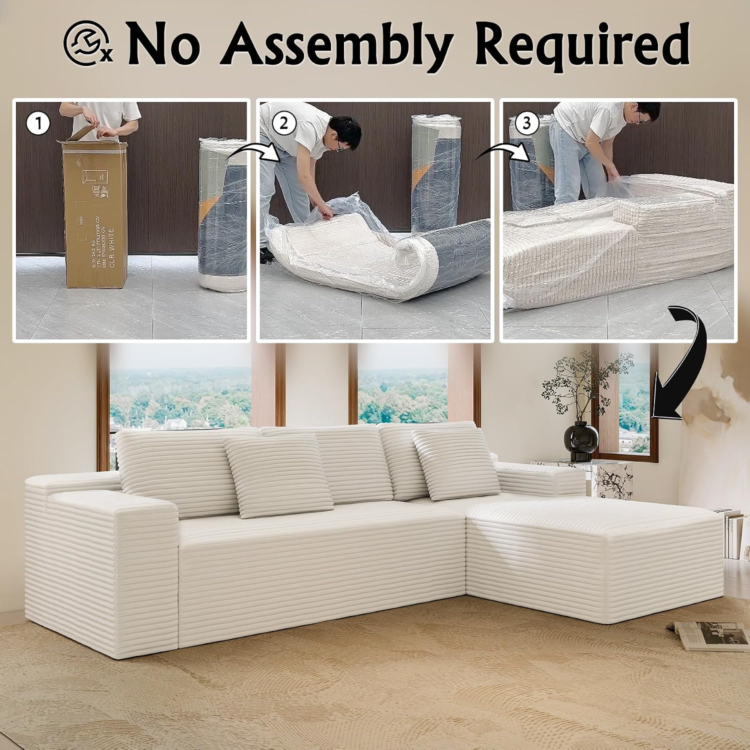Sectional Couches for Living Room Corduroy Couch, 104' Cloud Boneless Couch with L-Shape Chaise, Modern Modular Sofa, Deep Seat Comfort, No Assembly Required(Plush Corduroy, Left Facing Chaise)
