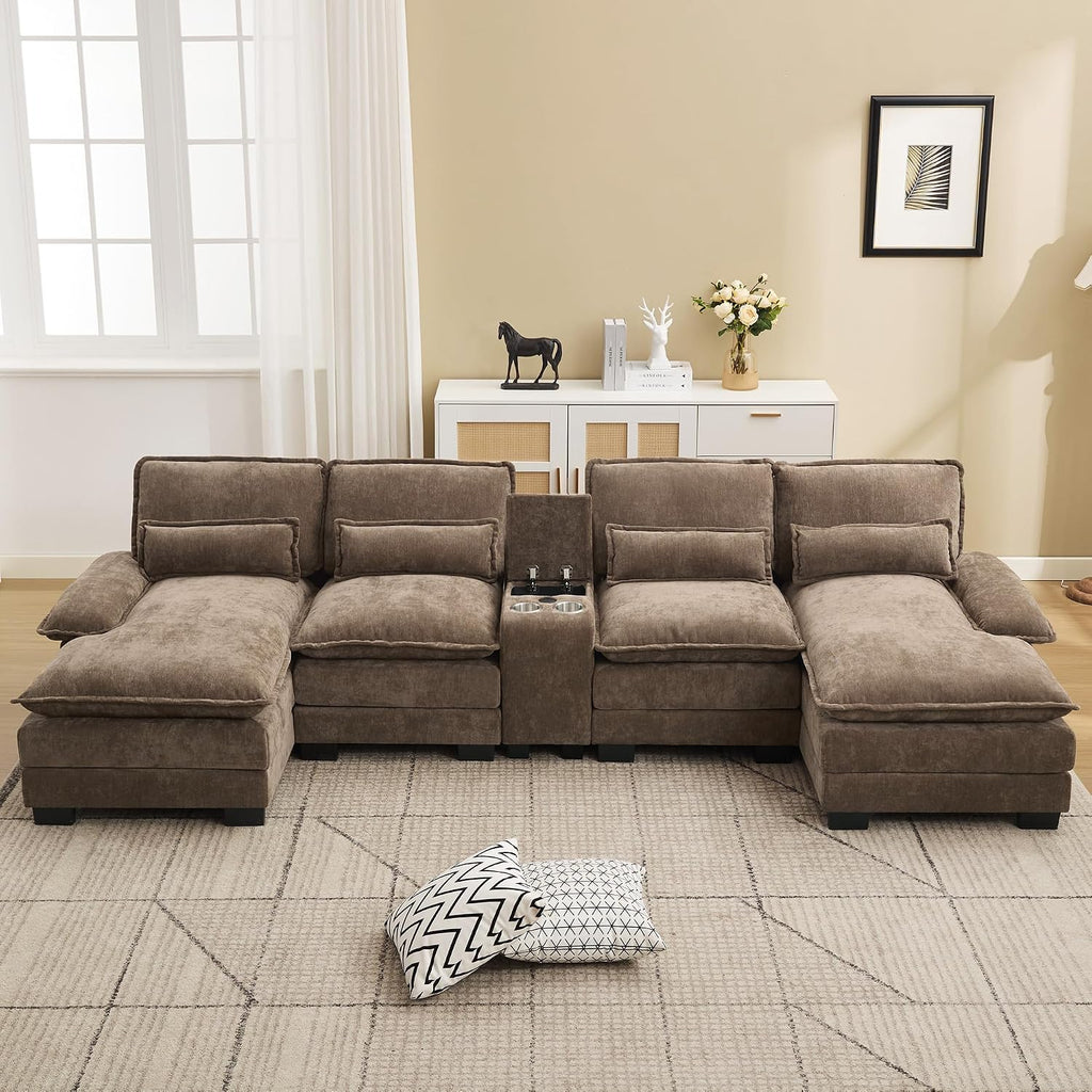 125'' U Shaped Cloud Modular Sofa with Chaise Lounges, Chenille Upholstered Comfy Sectional Couch with Storage Console, USB Charging Ports & Cup Holders, Small Deep Seat Sofa for Living Room, Brown