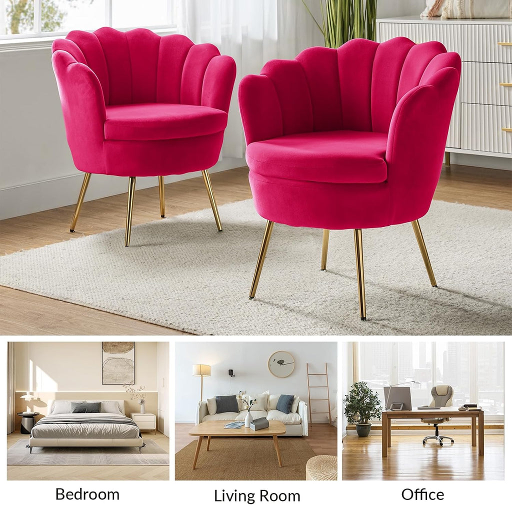HULALA HOME Modern Velvet Accent Chair with Shell Shaped Back, Cute Living Room Bedroom Armchair with Gold Legs, Comfy Upholstered Vanity Chair for Makeup Room, Fushia