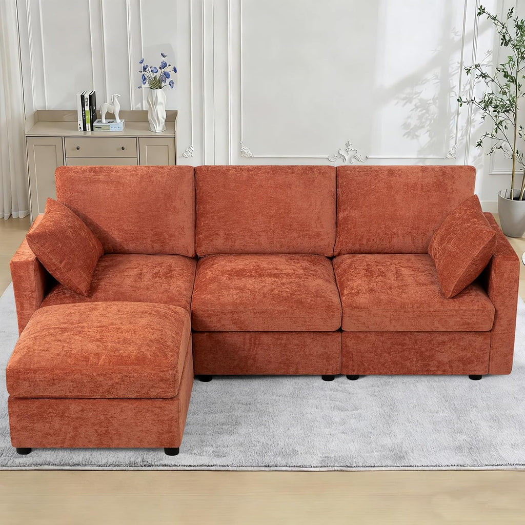 84' Chenille 3 Seater Sofa W/Movable Ottoman, Modern Fabric L-Shaped Couch w/Soft Backrests, Upholstered Sectional Sofa w/Arm Pillows for Living Room, Office, Orange
