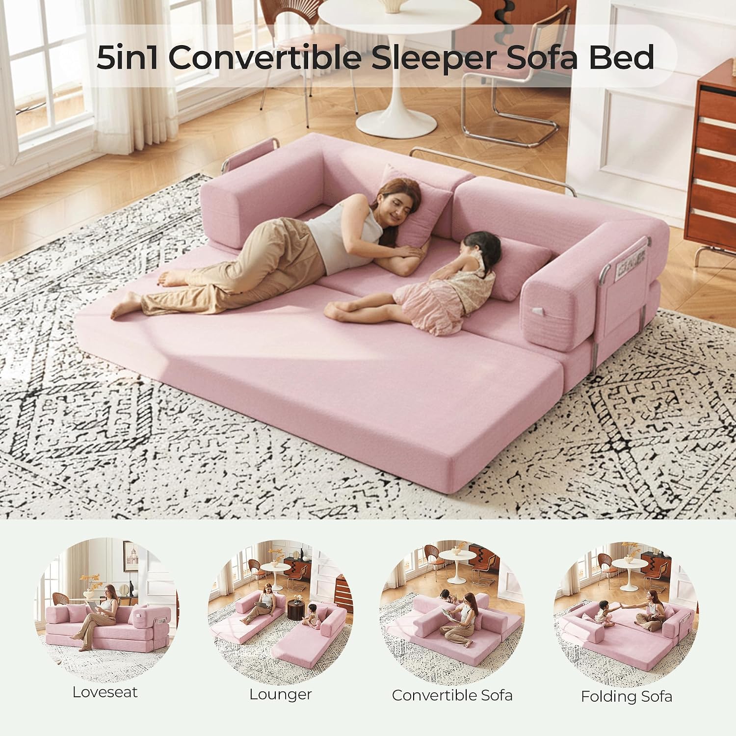 79' Convertible Sofa Bed with Pillows, Corduroy Folding Sleeper Sofa with Fixed-Shape Frame, Boneless Couch for Living Room Bedroom, Floor Sofa Lounge No Assembly Required (A - Style - Pink)