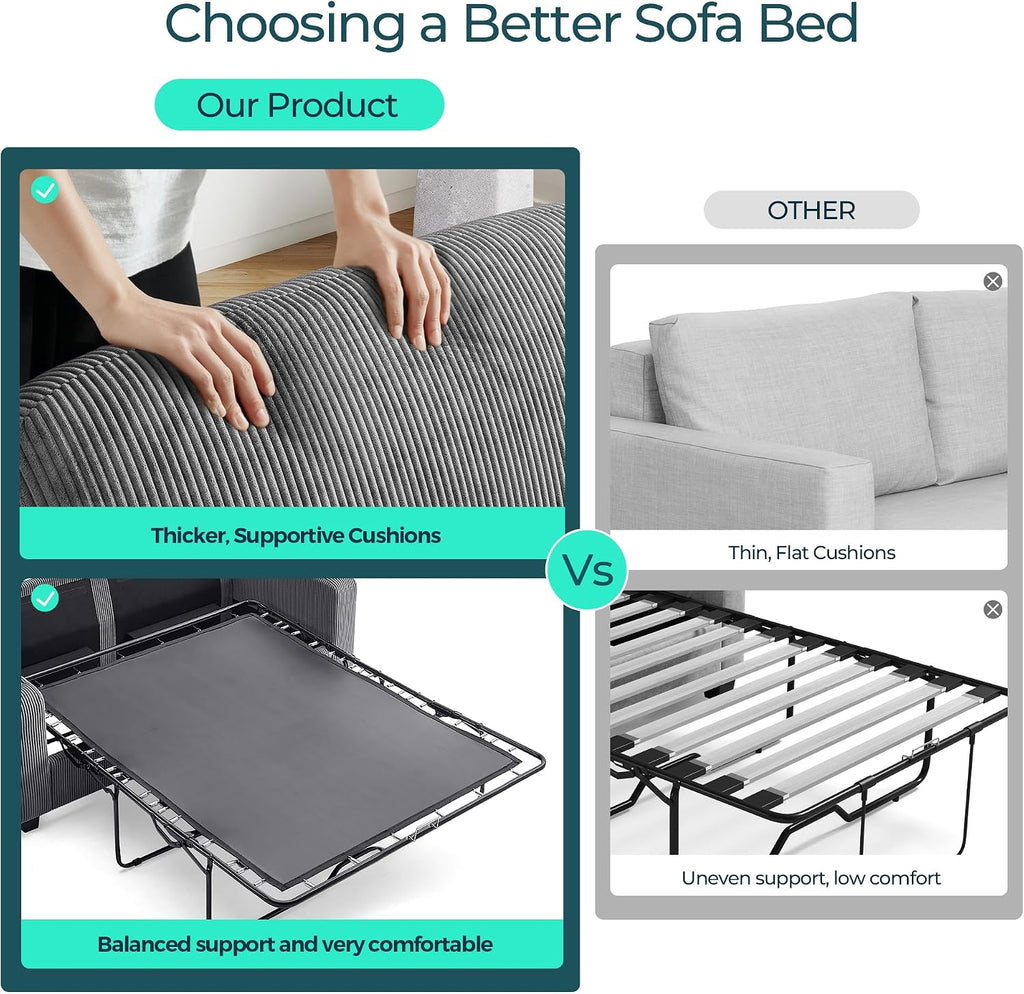 LINSY HOME Pull Out Sofa Bed - Convertible Loveseat Sleeper Sofa, Upgraded Bed Frame Pullout Couch - USB Charging & Cup Holders, Corduroy Sofa Bed for Living Room Small Space, Queen Size (Grey)