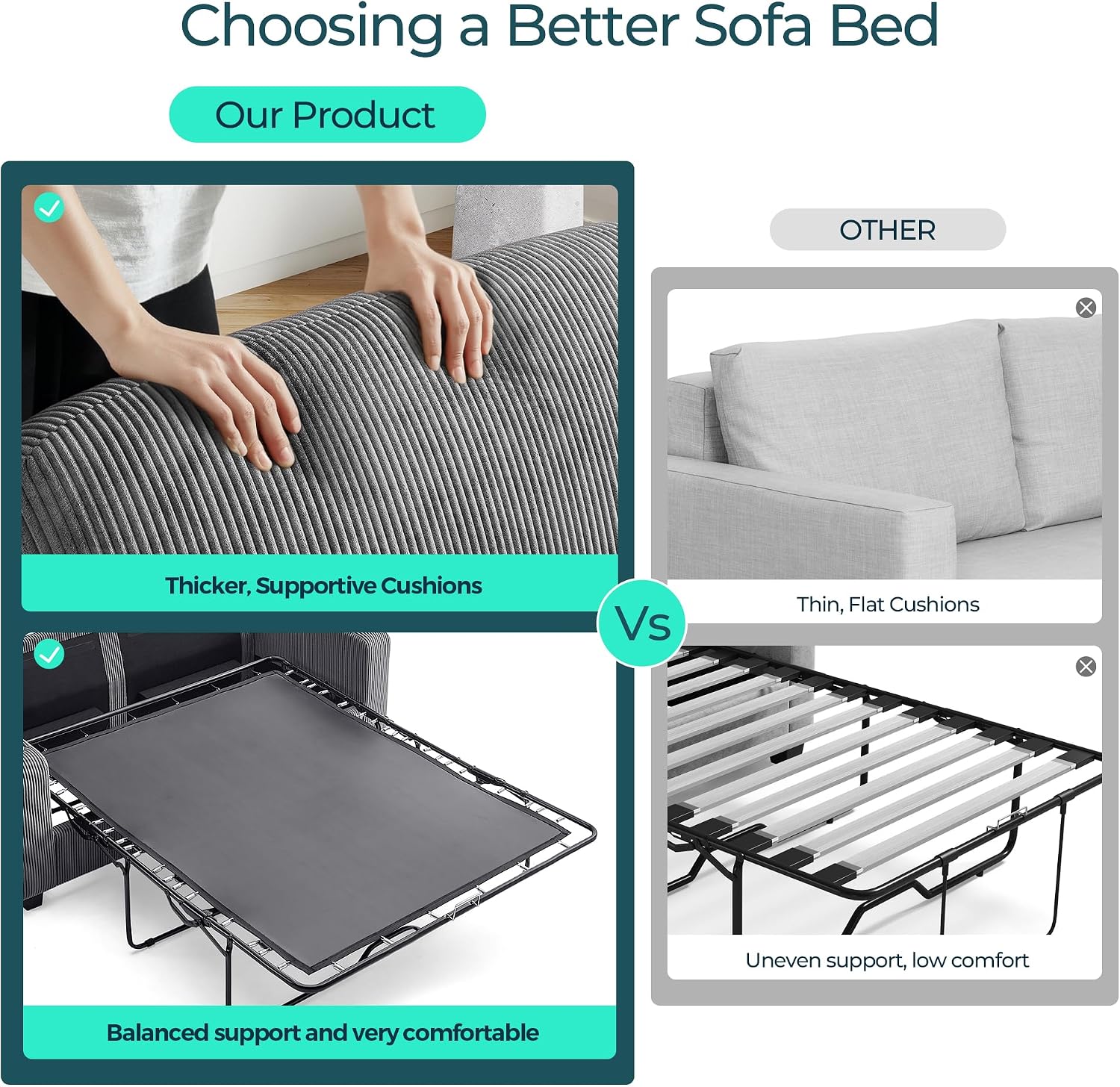 LINSY HOME Pull Out Sofa Bed - Convertible Loveseat Sleeper Sofa, Upgraded Bed Frame Pullout Couch - USB Charging & Cup Holders, Corduroy Sofa Bed for Living Room Small Space, Queen Size (Grey)
