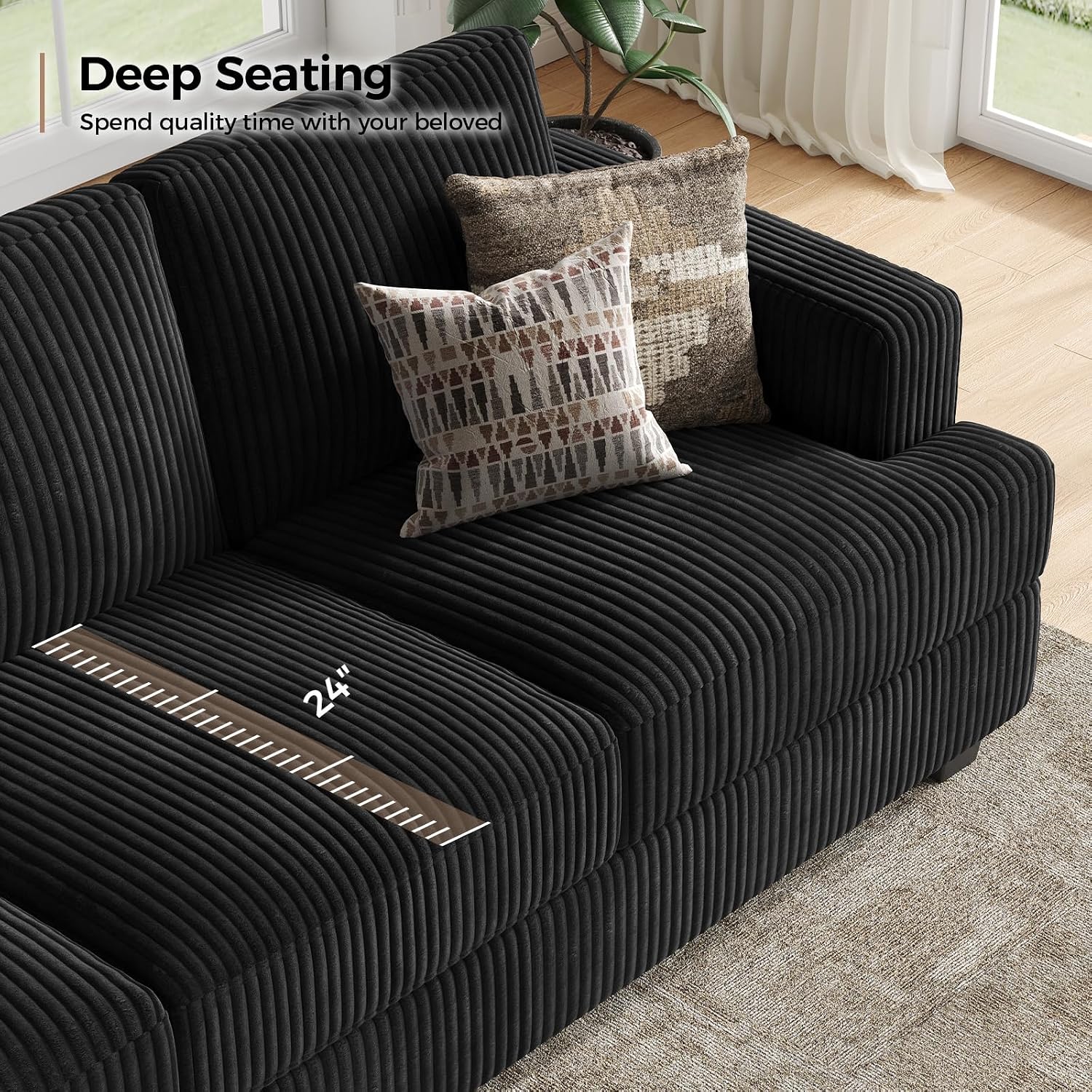 COPIAE 89 Inch Sofa with Extra Deep Seats Oversize, 3 Seater Sofa for Living Room, Modern Couch and Sofa, Comfy Armrests and Seats and Backrests, Easy Installation,Wide Corduroy Fabric Black