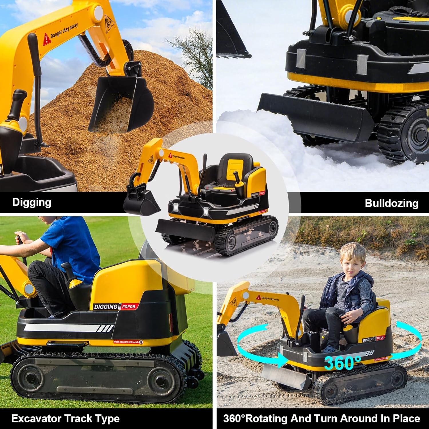 JOYLDIAS 360 Degree Rotating Ride On Excavator and Bulldozer,12V12AH Battery Powered Ride On Toy Backhoe W/Track Design Wheels for All Terrain,Remote Control,MP3,Toolbox for Kids,Parent,Yellow